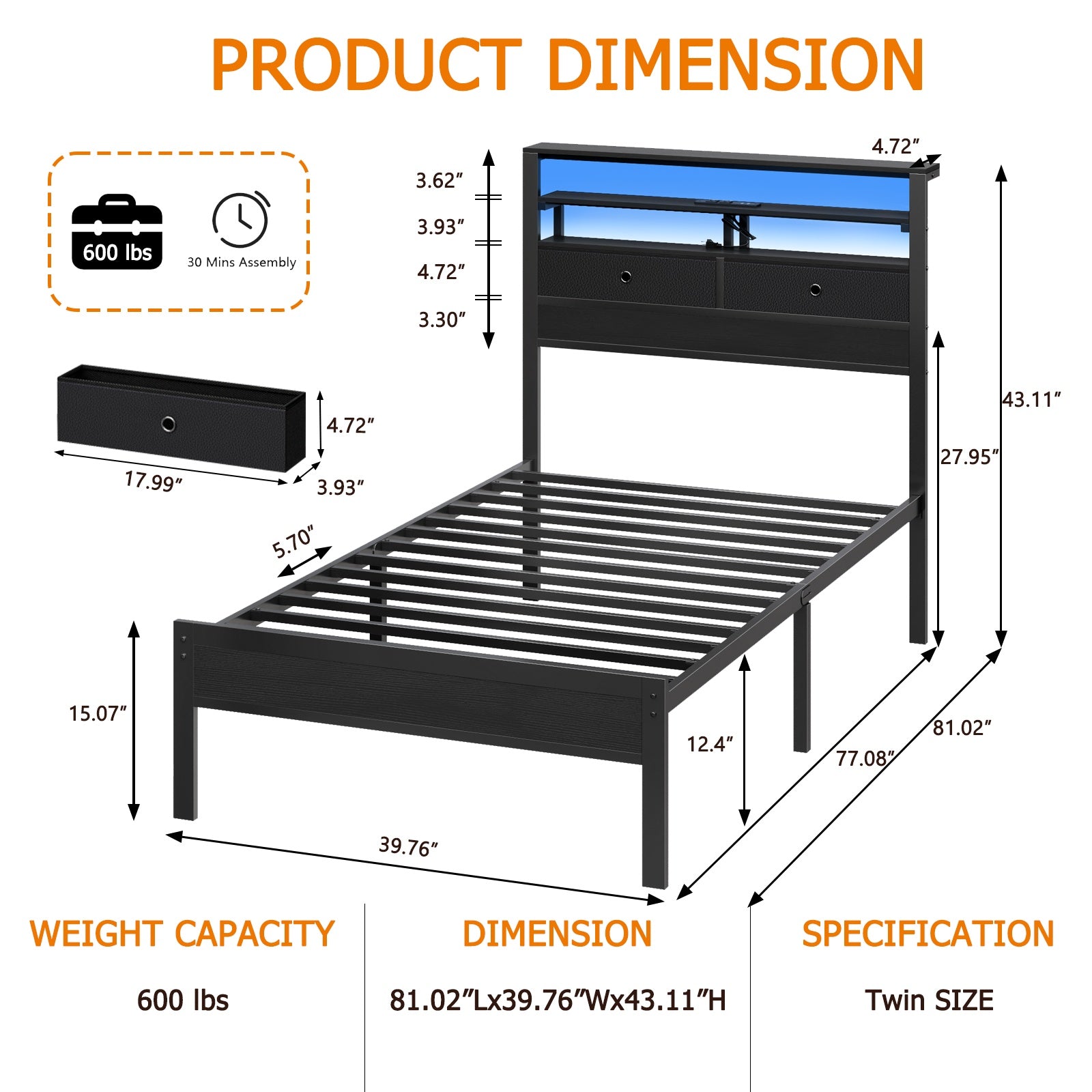 Furnulem Bed Frames with Charging Station and LED Lights, Wood Headboard with 2 Fabric Drawers and Storage Shelves