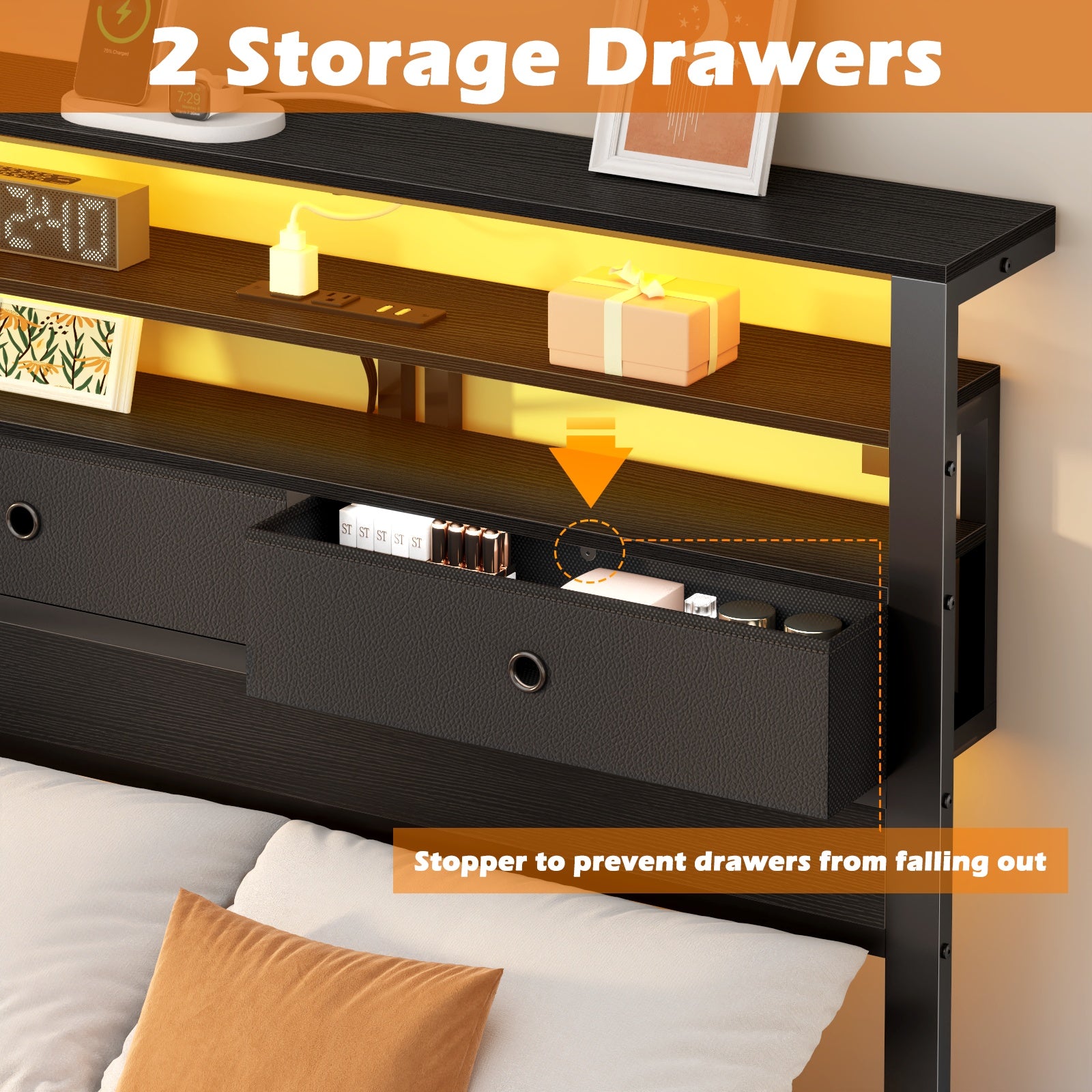 Furnulem Bed Frames with Charging Station and LED Lights, Wood Headboard with 2 Fabric Drawers and Storage Shelves