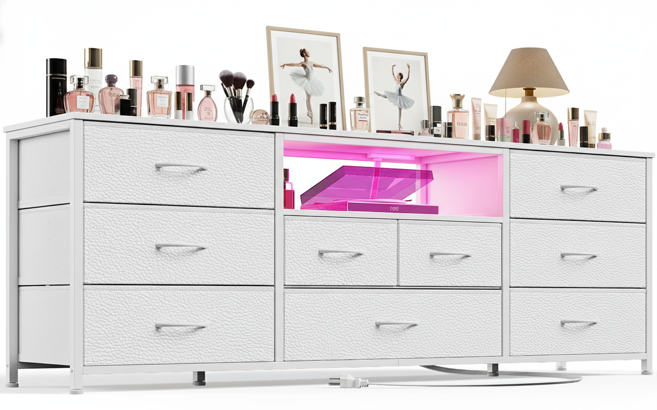 63” Long TV Stand  9 Drawer Dresser  for Bedroom Entertainment Center with Power Outlet LED Light for 65"-75" TV White Dresser with Fabric