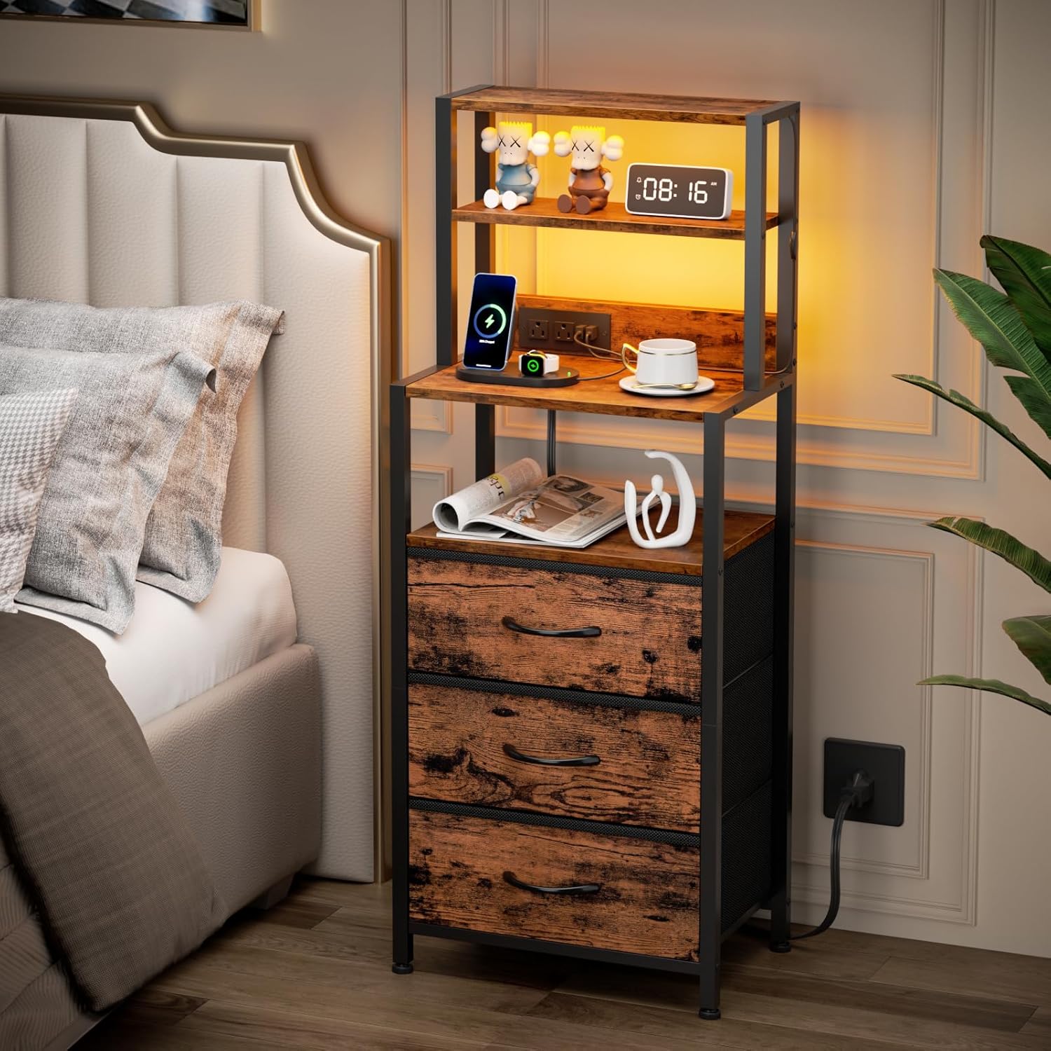 Furnulem Night Stand Set 2, LED nightstand Set of 2 with Charging Station, Bedside Table with Storage Shelf and 3 Fabric Drawers, Bed Side Table for Bedroom, Home Office, Dorm