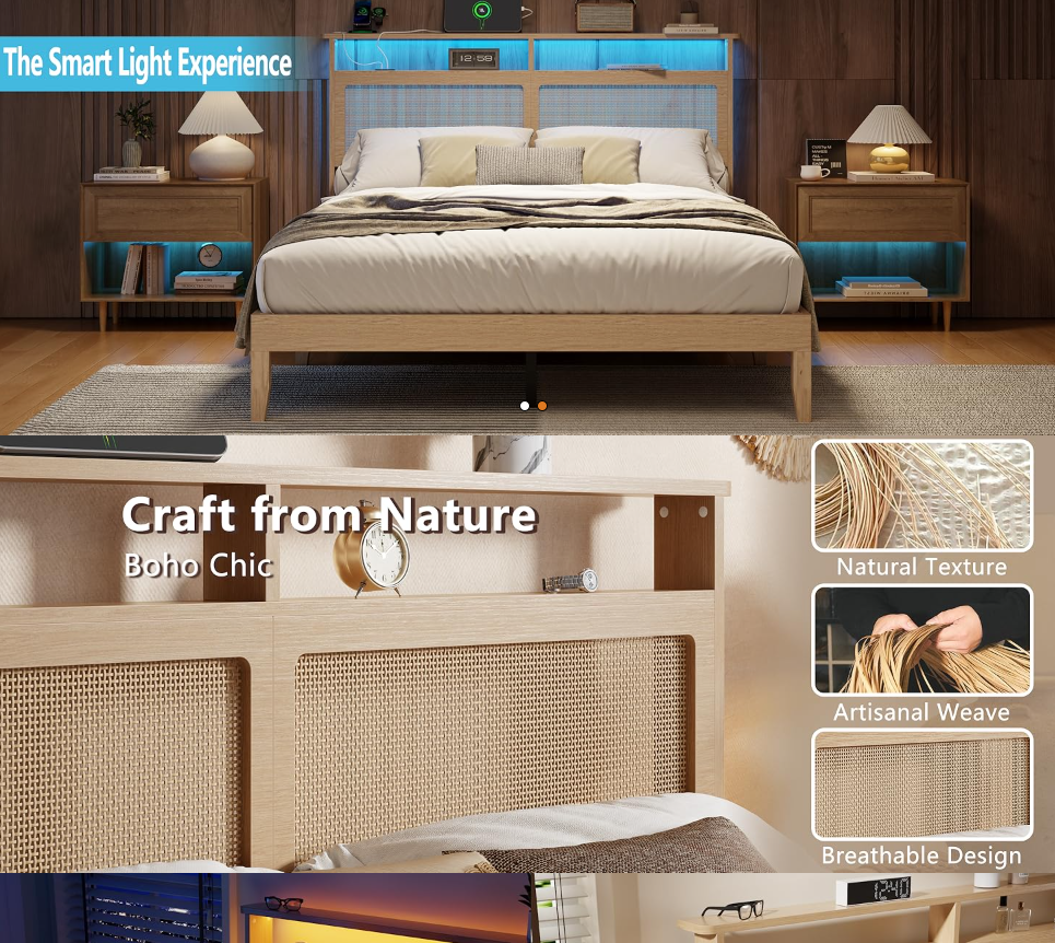 Queen Size Bed Frame Rattan Headboard with LED Lights and Charging Station Boho Bedframe with Storage Shelf and Under Bed Storage Solid Wood Support