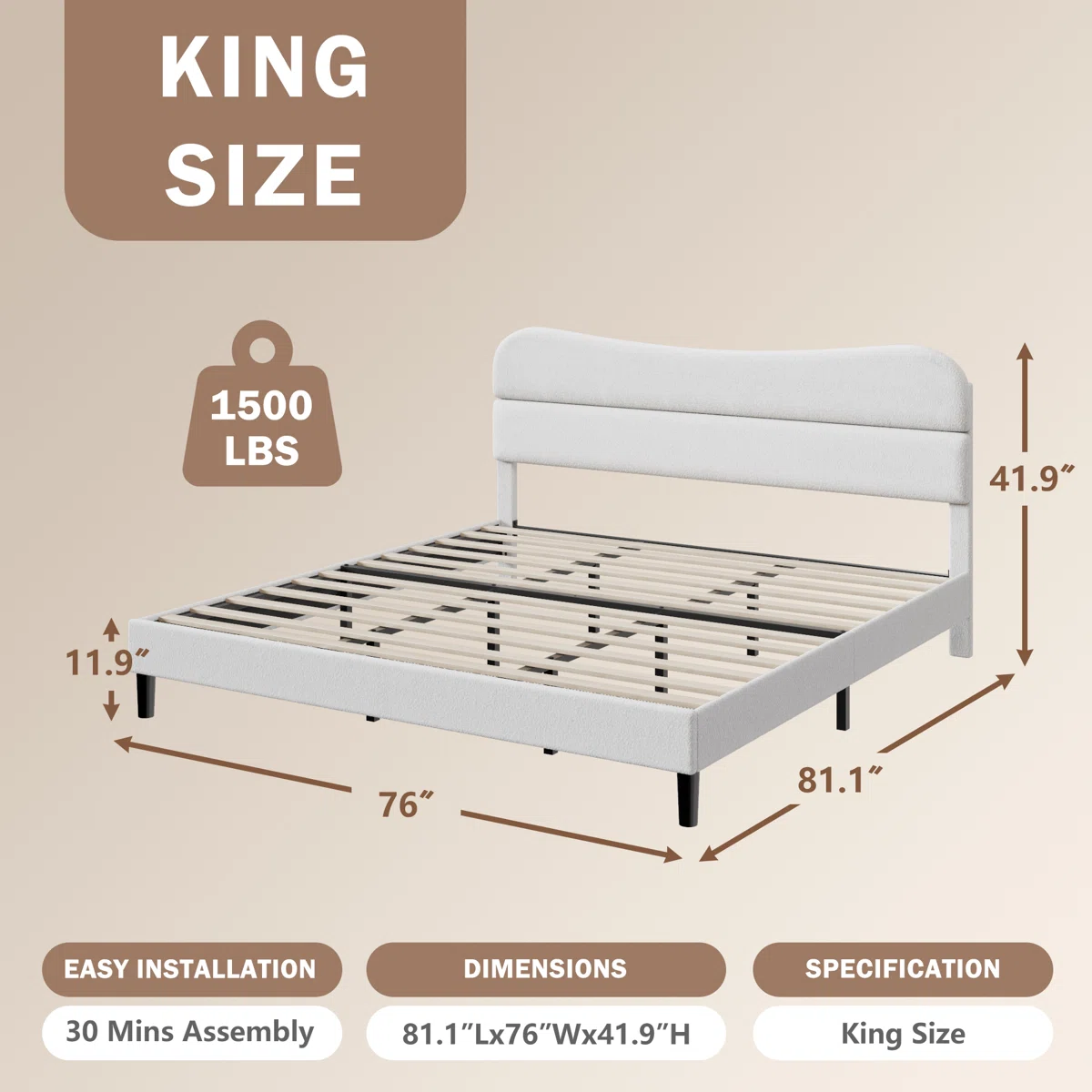 King Size Bed Frame With Teddy Velvet Soft Curved Headboard Platform Bed With Wooden Slats Support Easy Assembly Noise-free