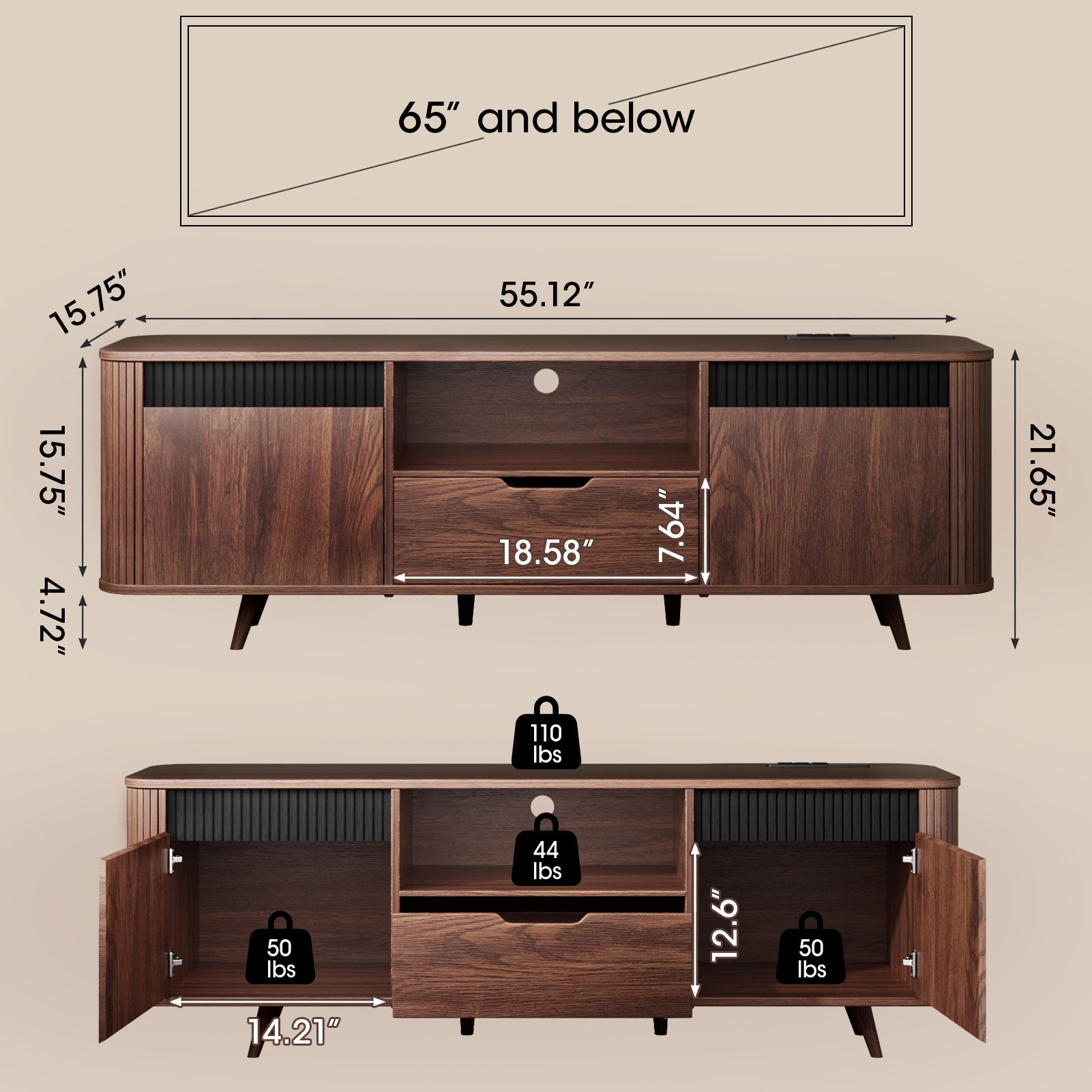 55-in TV Stand with Storage for TVs up to 65-in With Drawer slides Tambour Media Console With Charging Station Shelves Cable Management Wood Legs walnut