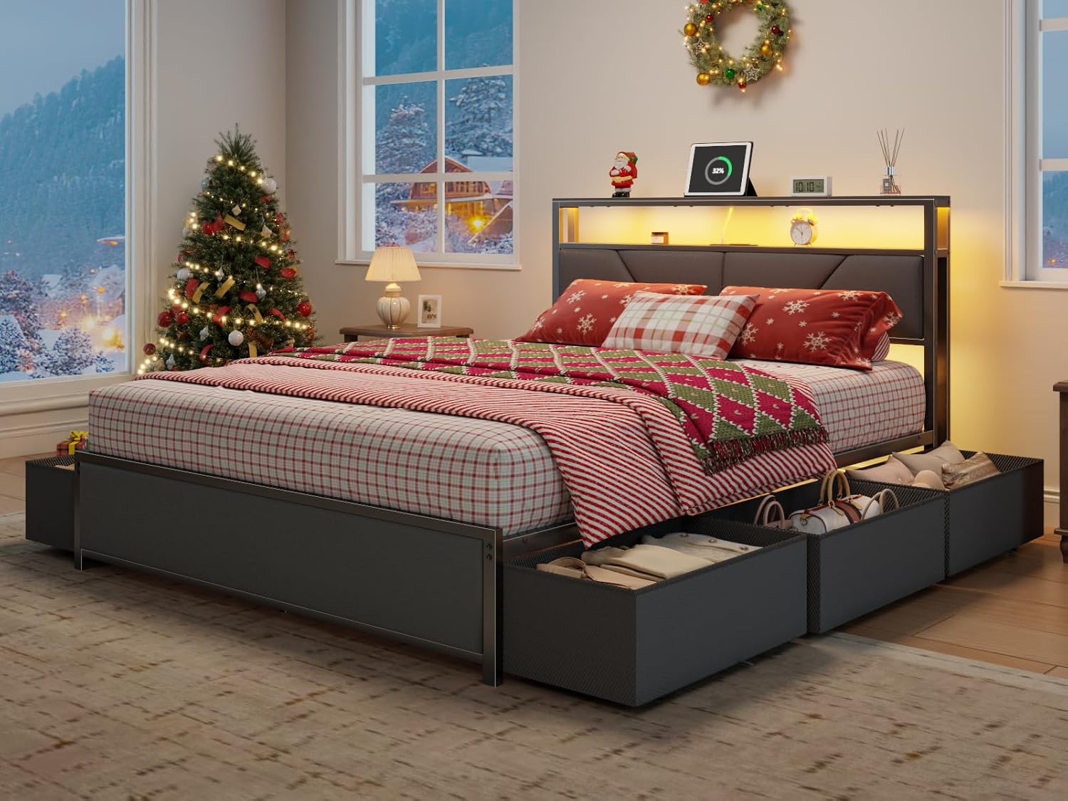 Furnulem Queen Bed Frame with 6 Storage Drawers Metal Platform Bed Frame with 2-Tier Storage Headboard PU Leather Upholstered Charging Station and LED