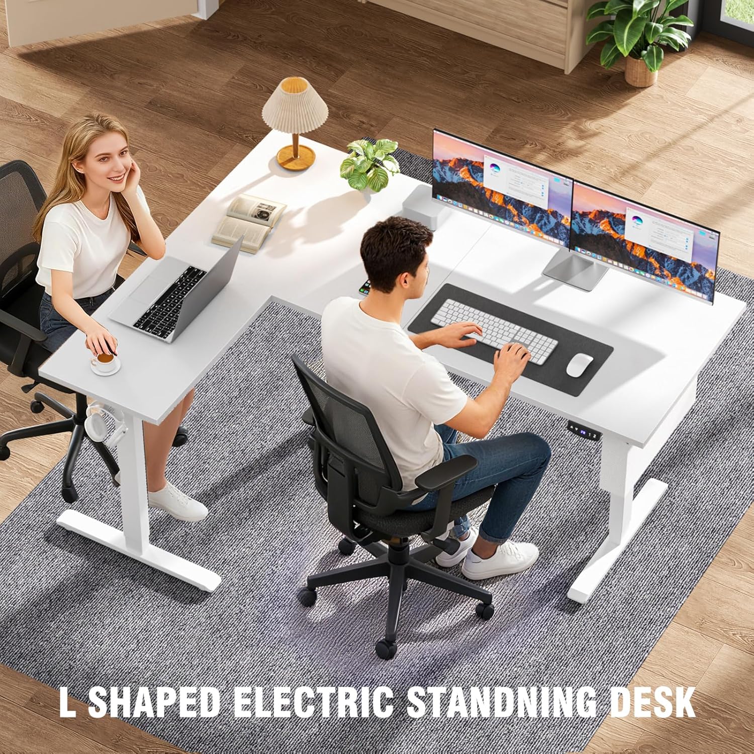 White 63 Inch L Shaped Electric Standing Desk Adjustable Height Sit to Stand Corner Computer Table Reversible Memory Presets Home Office Workstation