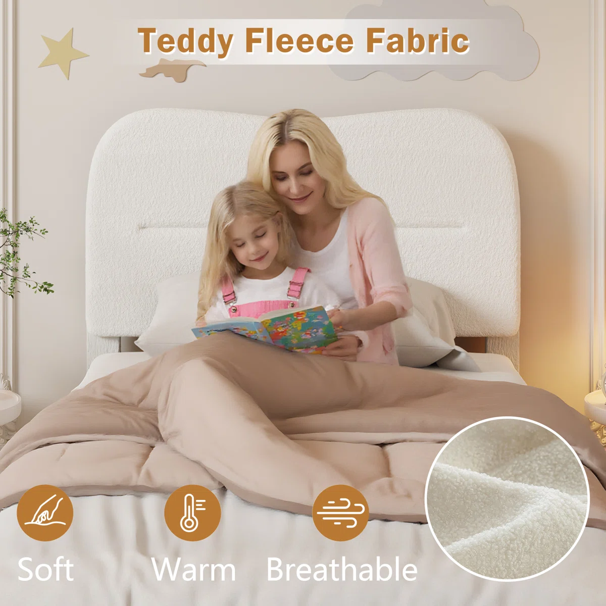 King Size Bed Frame With Teddy Velvet Soft Curved Headboard Platform Bed With Wooden Slats Support Easy Assembly Noise-free