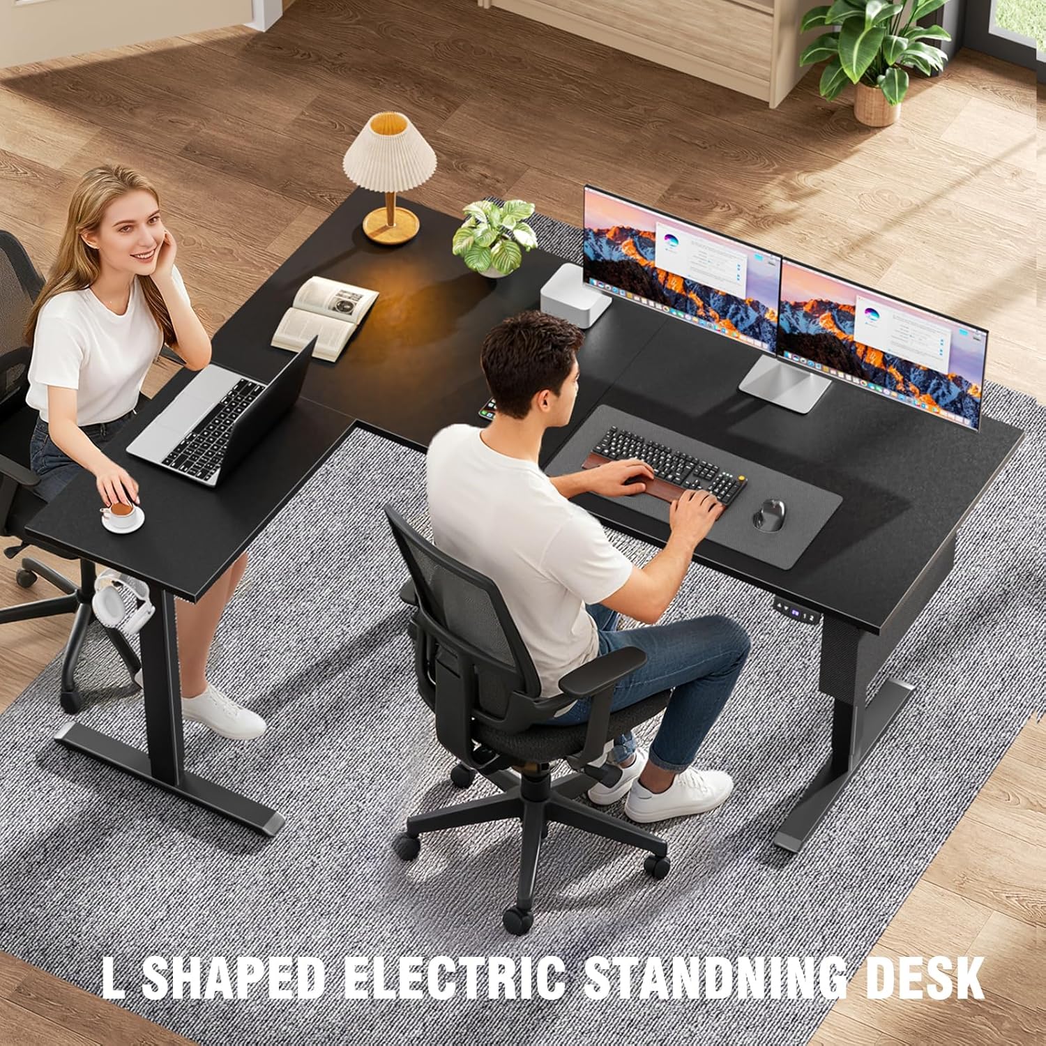 63 Inch L Shaped Electric Standing Desk Sit to Stand Reversible Corner Desk Adjustable Height Computer Table Memory Presets Home Office Gaming Black