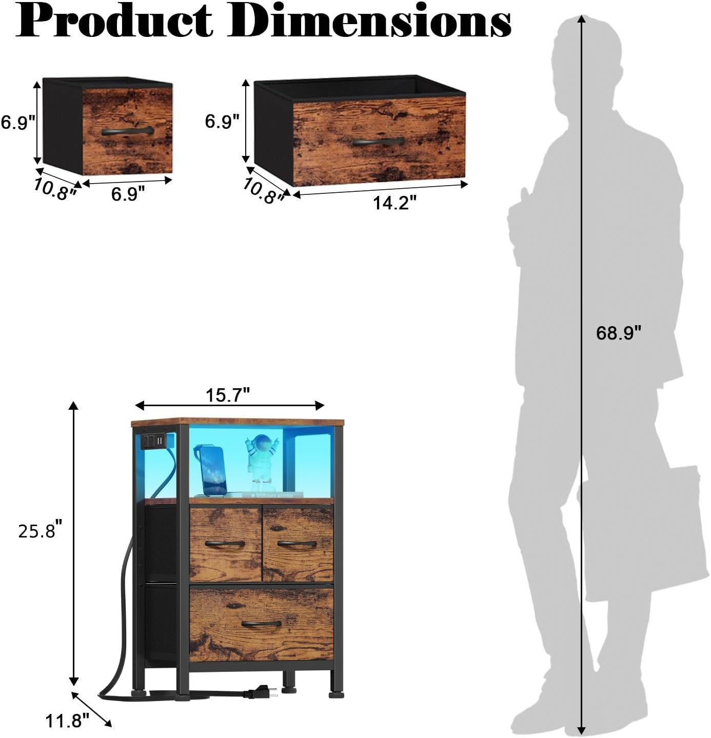 Furnulem LED Nightstand with Charging Station and 3 Storage Drawer