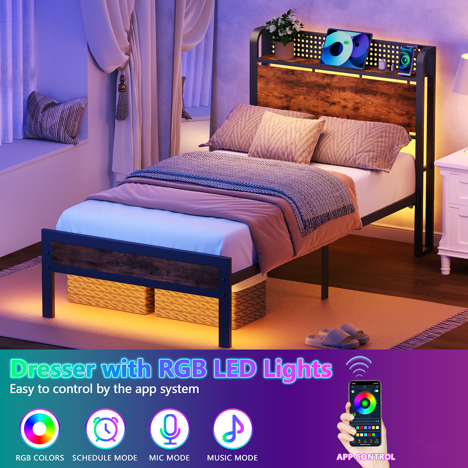 Furnulem Twin Size Bed frame with Wood Storage Headboard,Metal Platform Bed with Under Storage