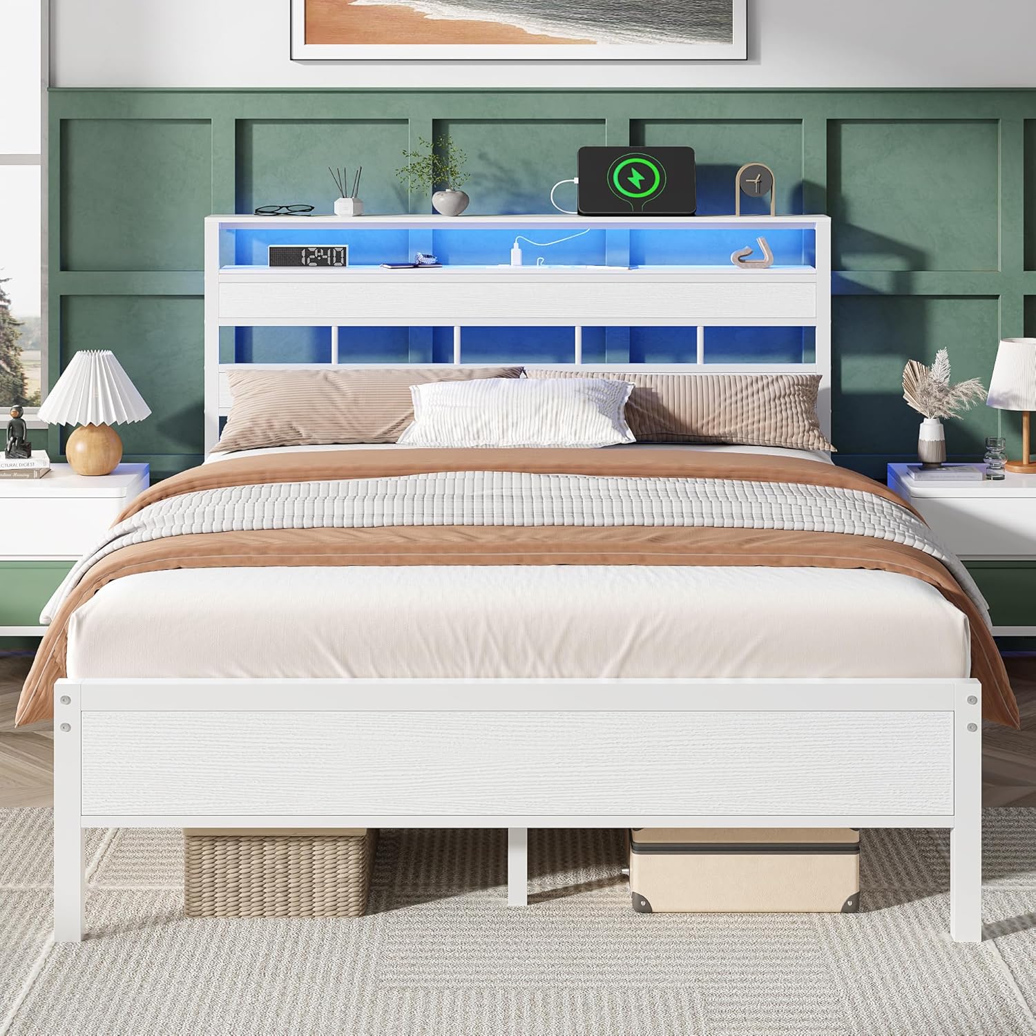 Queen Bed Frame with Storage Headboard and LED Lights Metal Bedframe with Charging Station and USB Port Platform Bed with Heavy Duty Slats White