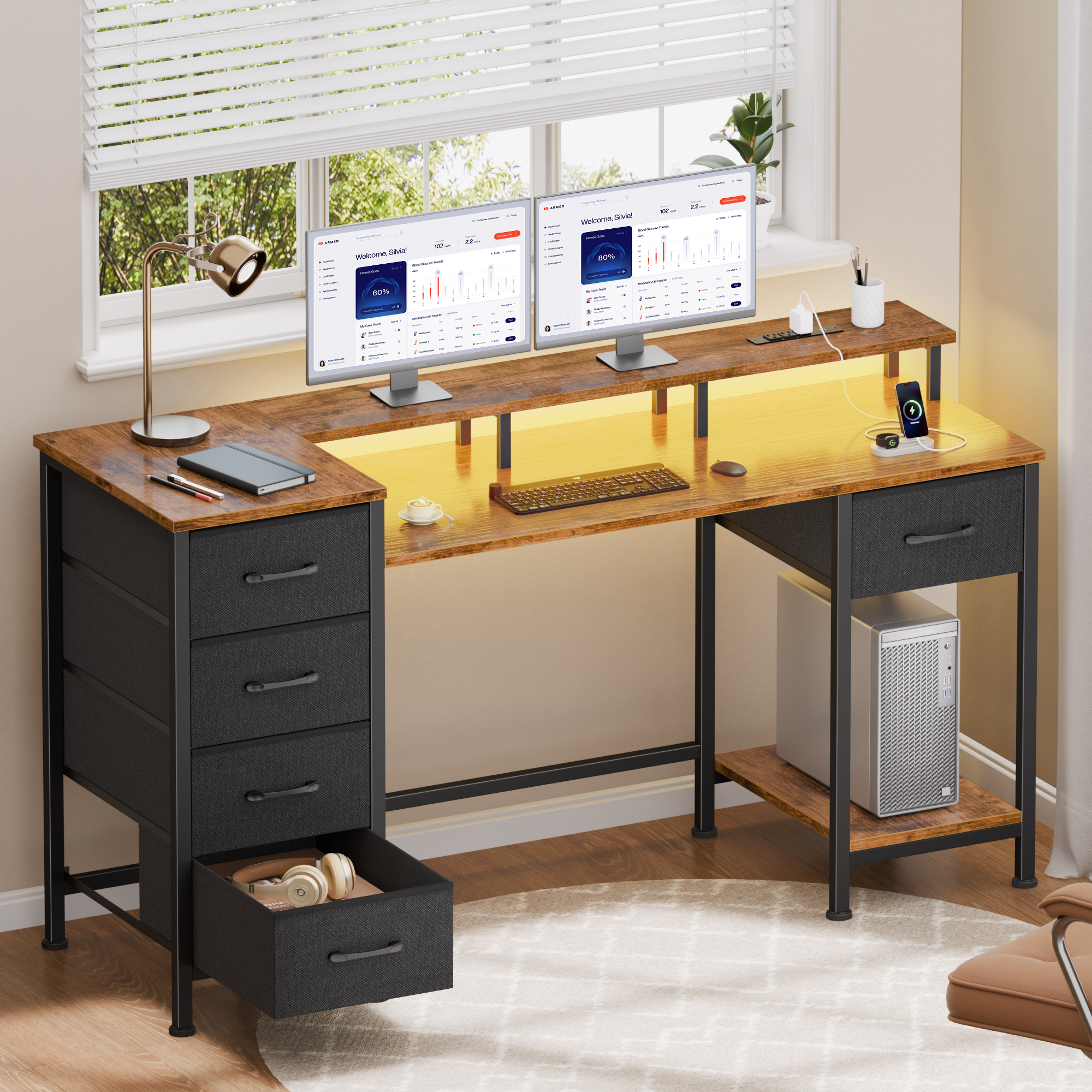 47 Inch Rustic Brown Computer Desk with Charging Station Reversible Gaming Desk LED Lights 5 Fabric Drawers Monitor Stand Home Office Writing Table