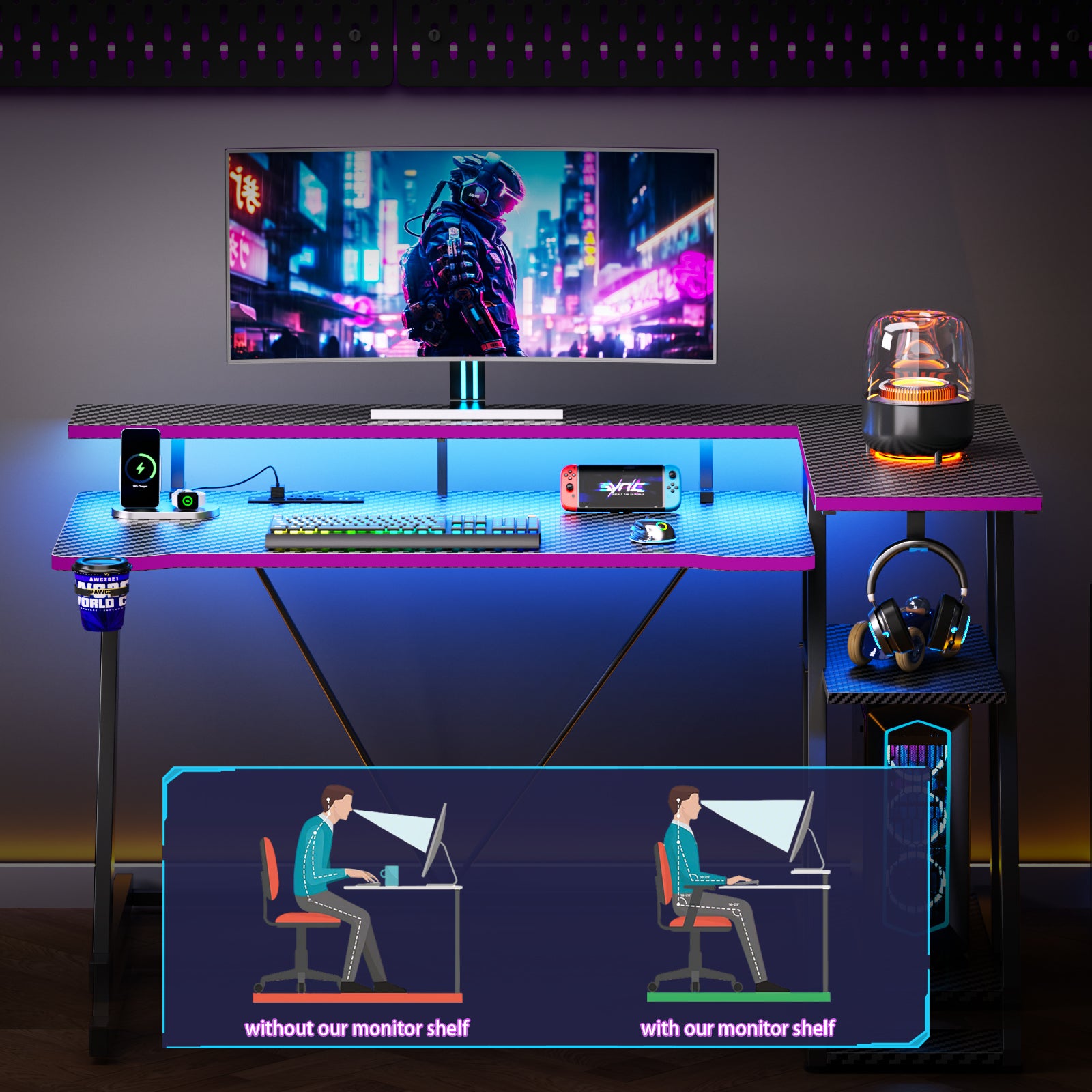 47 inch Black Gaming Desk L Shaped Corner Computer Table with Monitor Stand 3 Tier Storage Shelves Gamer Desk Office Space Saving Workstation for PC