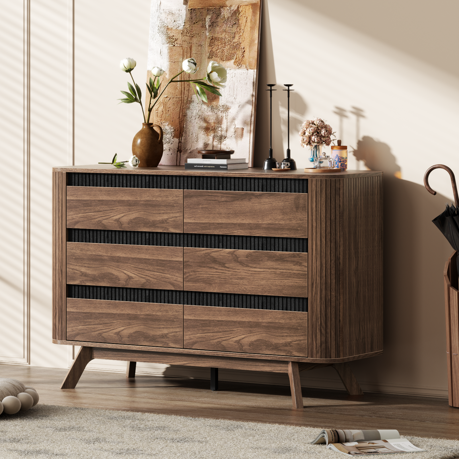 Wood 6 Drawer Double Dresser Wide Storage Chest Curved Roller Shutter Design Modern Bedroom Furniture Living Room Organizer Cabinet