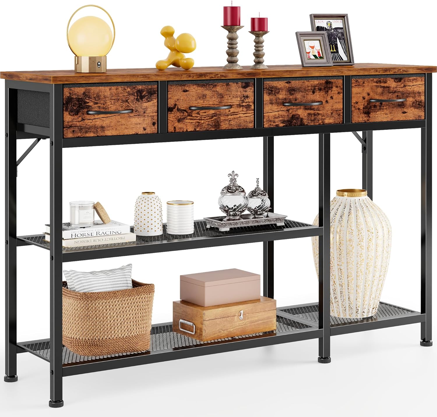Furnulem 47” Entryway Table with 4 Fabric Drawers, Rustic Console Table with Metal Mesh Shelf, Sofa Table for Hallway, Foyer, Front Door