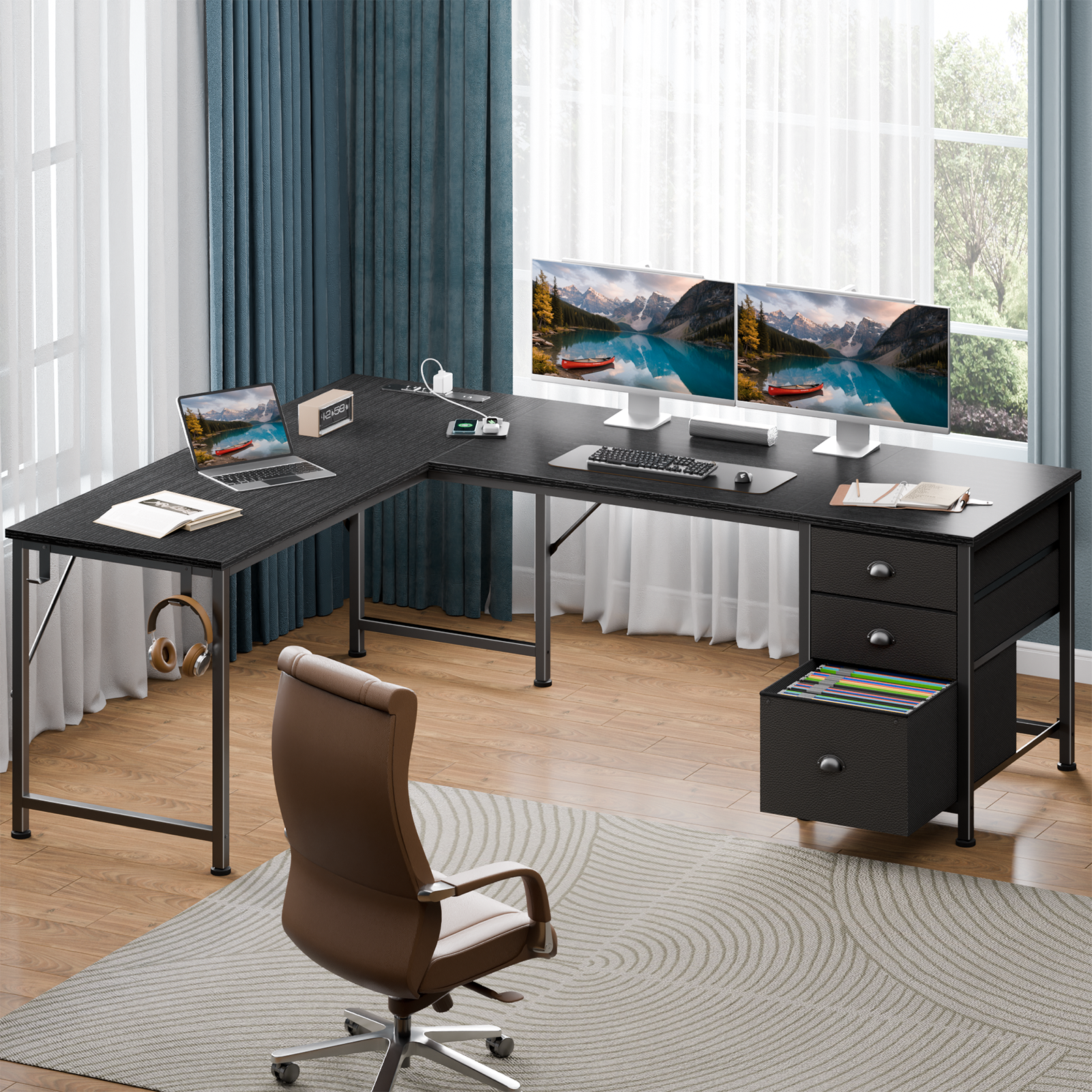 Qwatto 63 Inch L Shaped Gaming Desk Black Computer Corner Table with Power Outlets USB C Ports File Fabric Drawers Large Storage for Writing Bedrooms