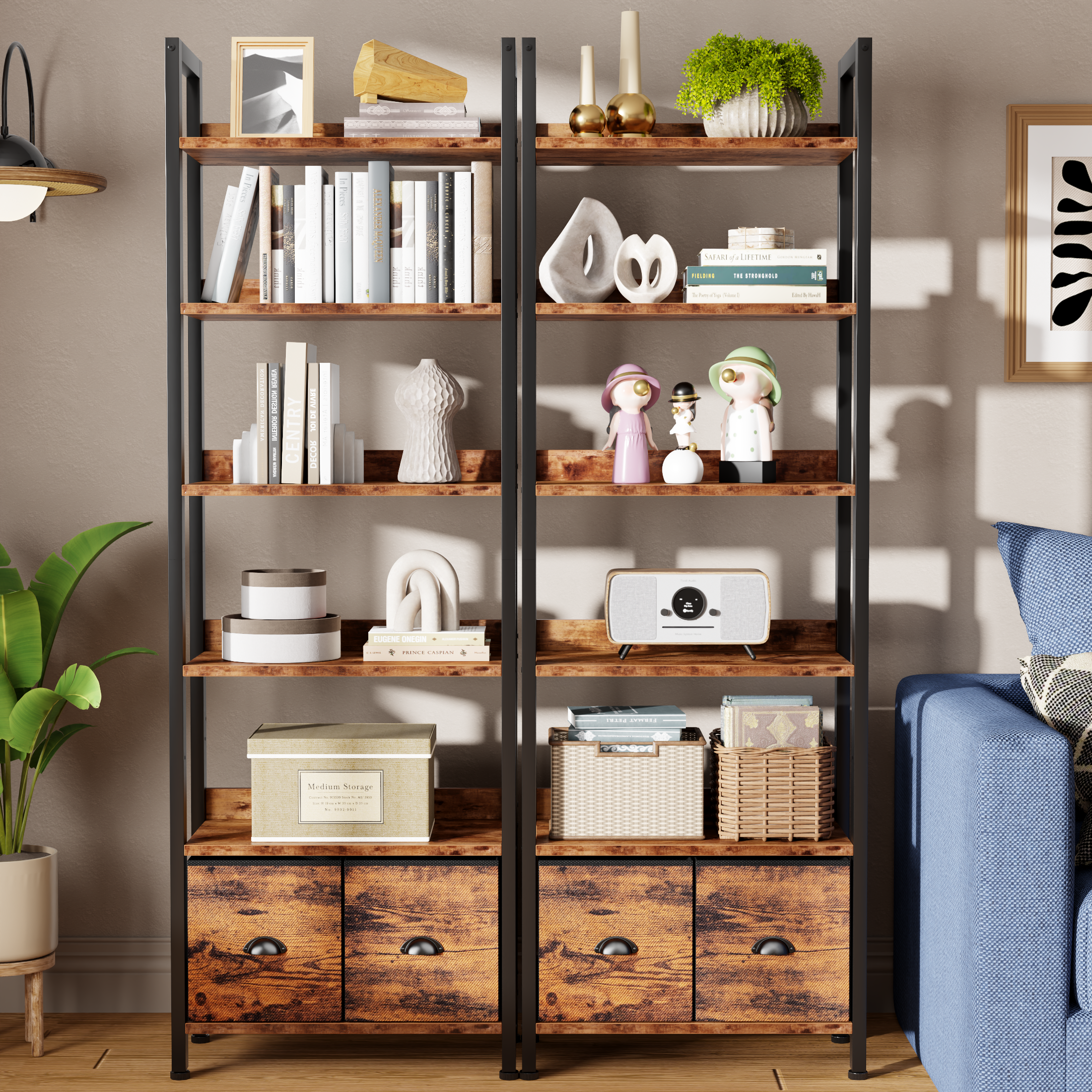 6 Tier 71 Inch Tall Rustic Bookcase with Two Drawers Storage Organizer Industrial Wood Metal Freestanding Bookshelf Home Office Bedroom Rustic Brown