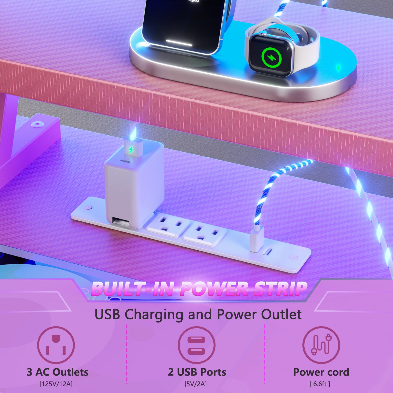 40 inch L Shaped Gaming Desk LED Lights Power Outlet Corner Computer Table with Monitor Stand 3 Tiers Storage Shelves Carbon Fiber Gamer Desk Pink