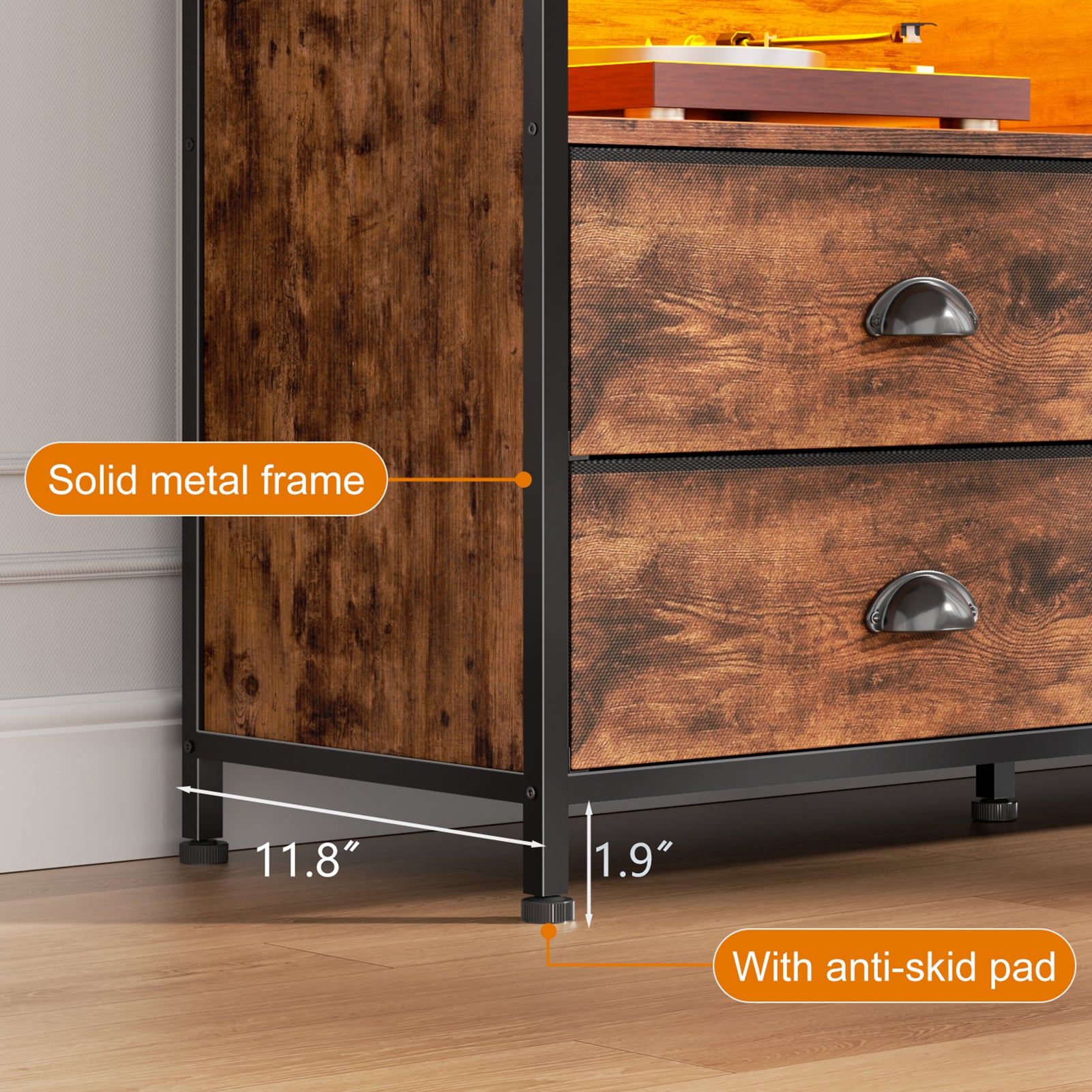 55 Inch Rustic Brown TV Stand Dresser with Charging Station LED Lights 6 Fabric Drawers Entertainment Center for TVs up to 60 Inch Media Console