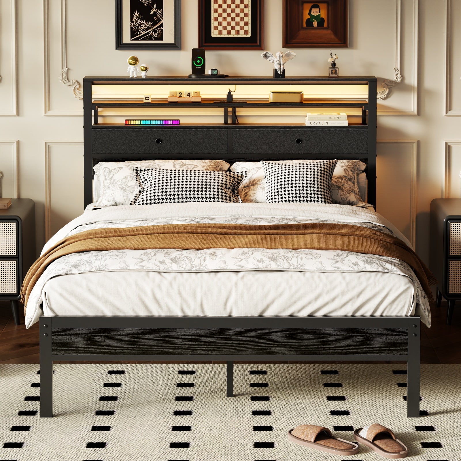 Furnulem Bed Frames with Charging Station and LED Lights, Wood Headboard with 2 Fabric Drawers and Storage Shelves