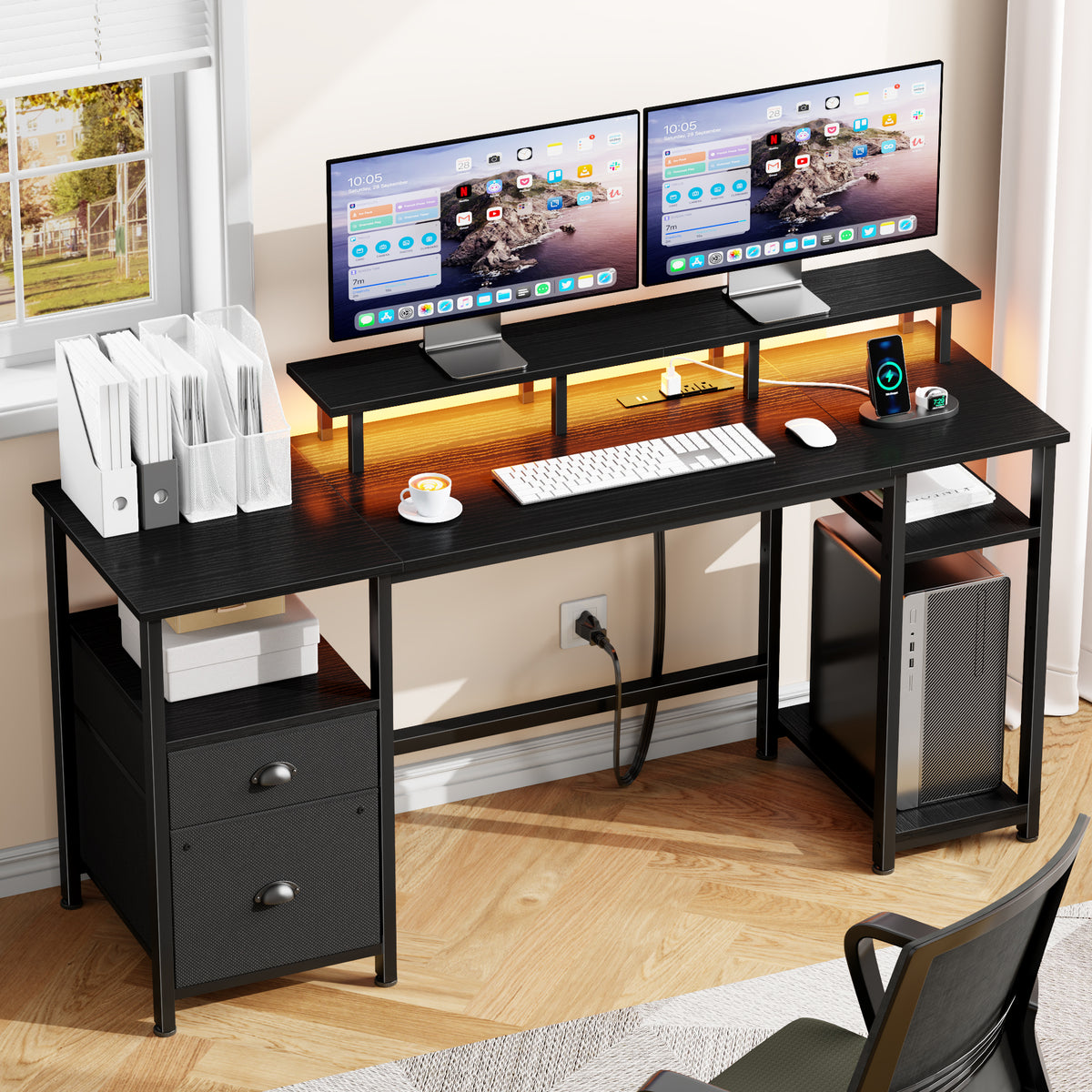 61 Inch Black Computer Desk with Charging Station Reversible Gaming De