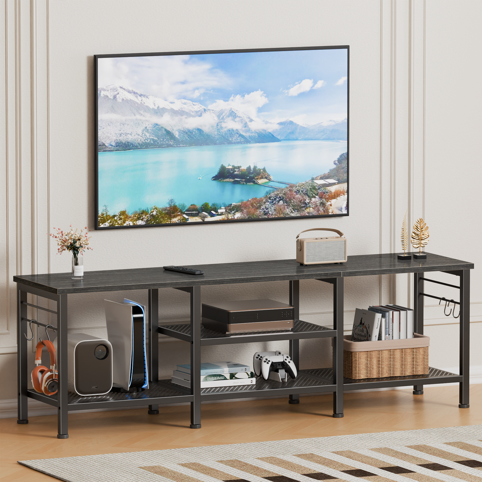 55 Inch Black Oak TV Stand for TVs up to 65 Inch Media Console Entertainment Center Open Storage Shelves Soundbar Shelf Modern Living Room Unit