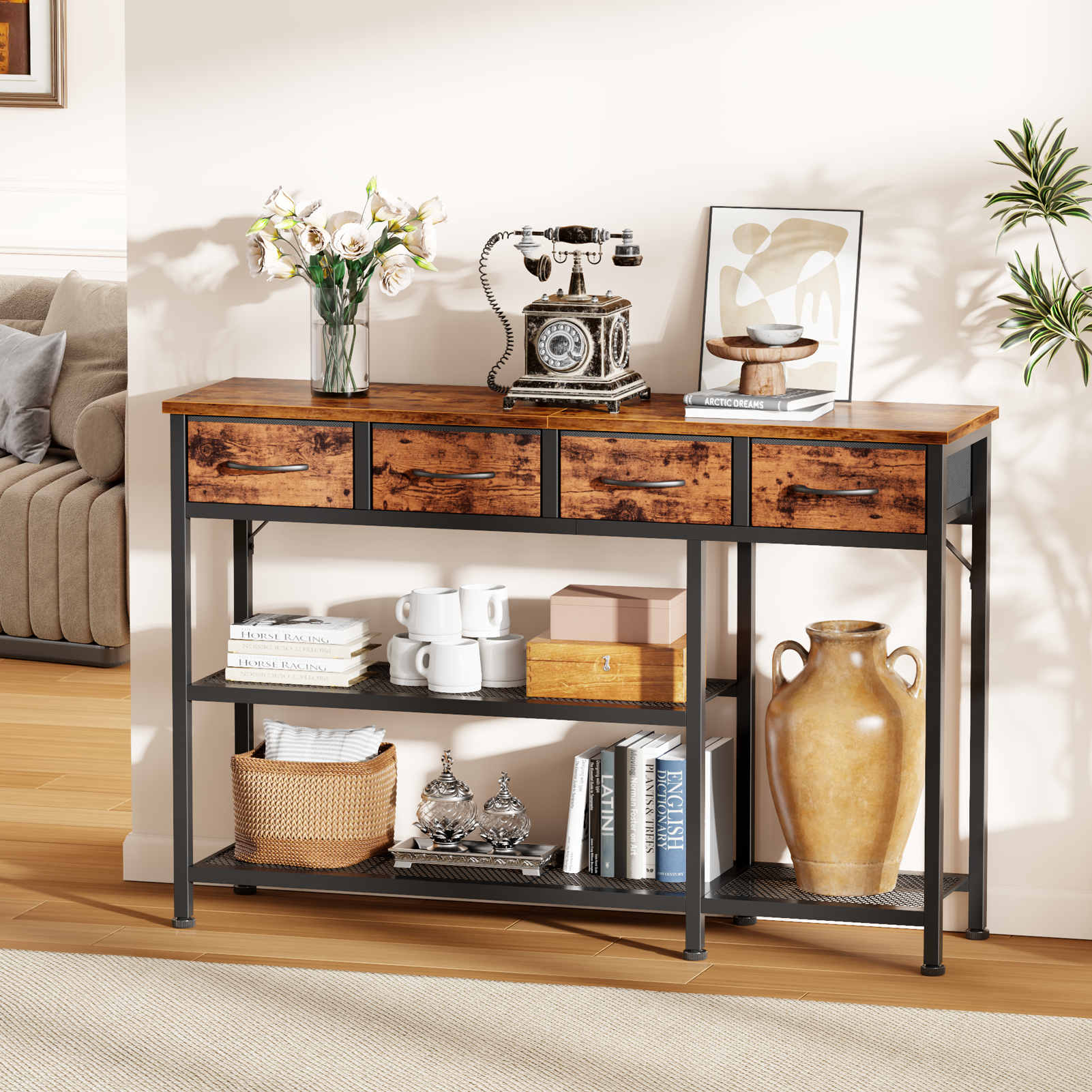 47 in Industrial Rustic Brown Wood Top Entryway Console Sofa Table with 4 Fabric Storage Drawers Metal Mesh Shoe Rack Shelf Front Door Foyer Hallway