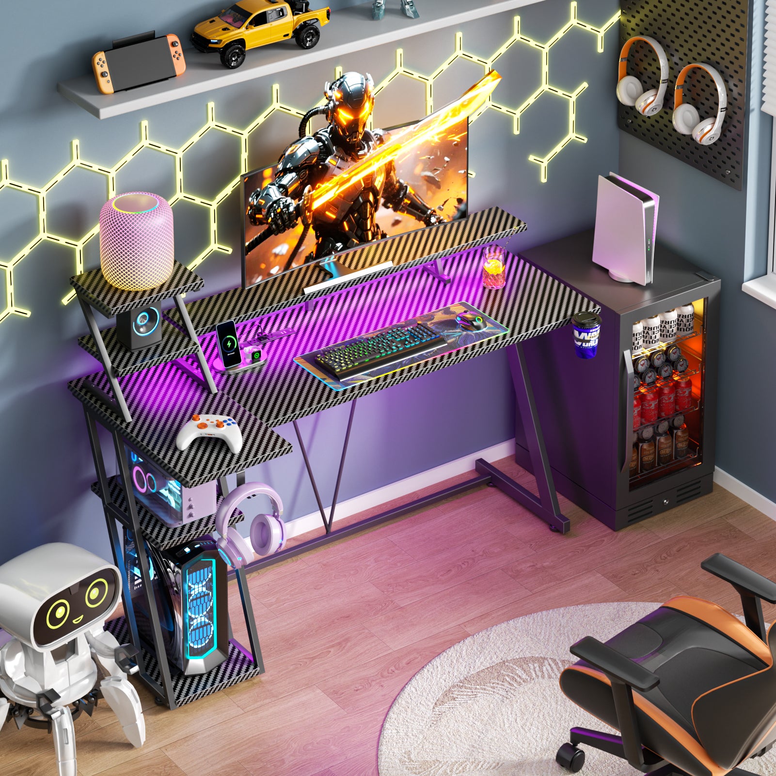 55 Inch Black Gaming Desk L-Shaped Computer Desk with Shelves and Monitor Stand Gamer Workstation for Small Room Home Office PC Setup Sturdy Desk