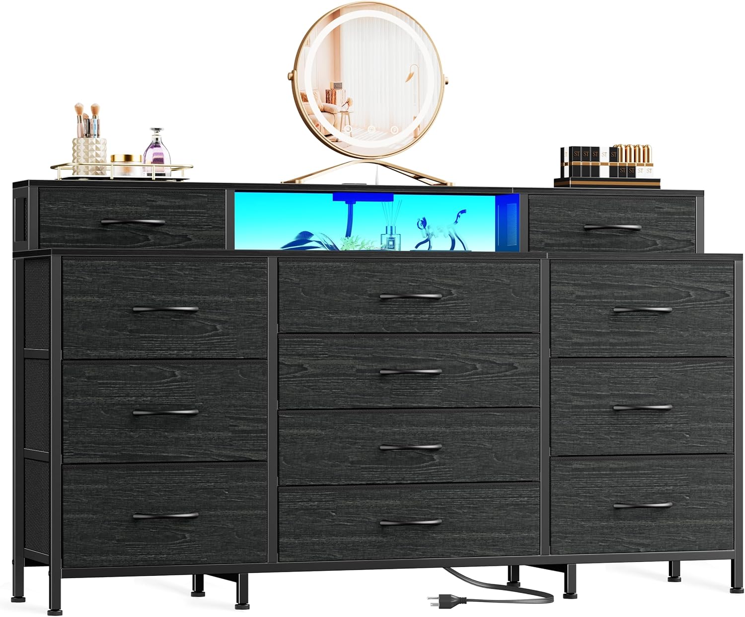 Furnulem 63" Dresser with LED, Outlets & 12 Drawers – Fabric Chest for Bedroom & Closet