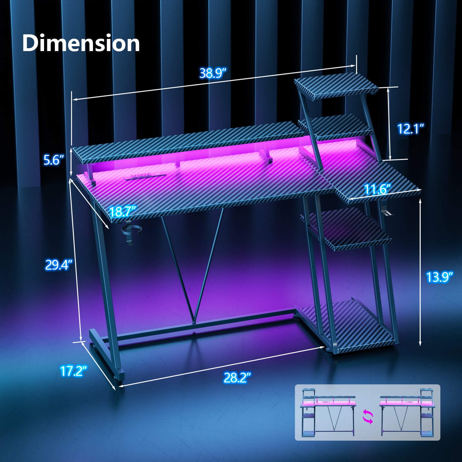 39 inch Black Gaming Desk with LED Lights Power Outlet Small L Shaped Computer Table with Monitor Stand Storage Shelves Modern Gamer Corner Desk Office