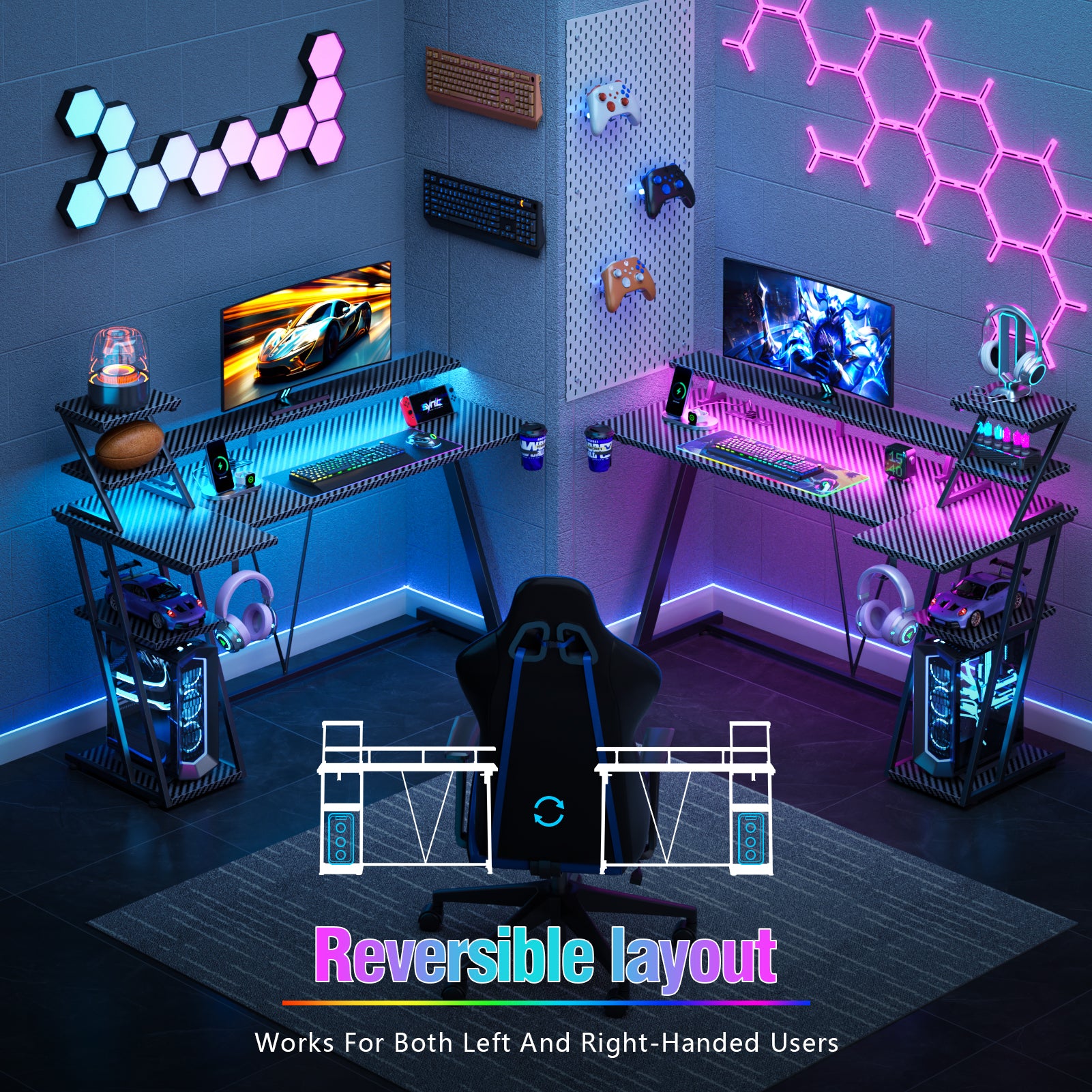 55 Inch Black Gaming Desk L-Shaped Computer Desk with Shelves and Monitor Stand Gamer Workstation for Small Room Home Office PC Setup Sturdy Desk