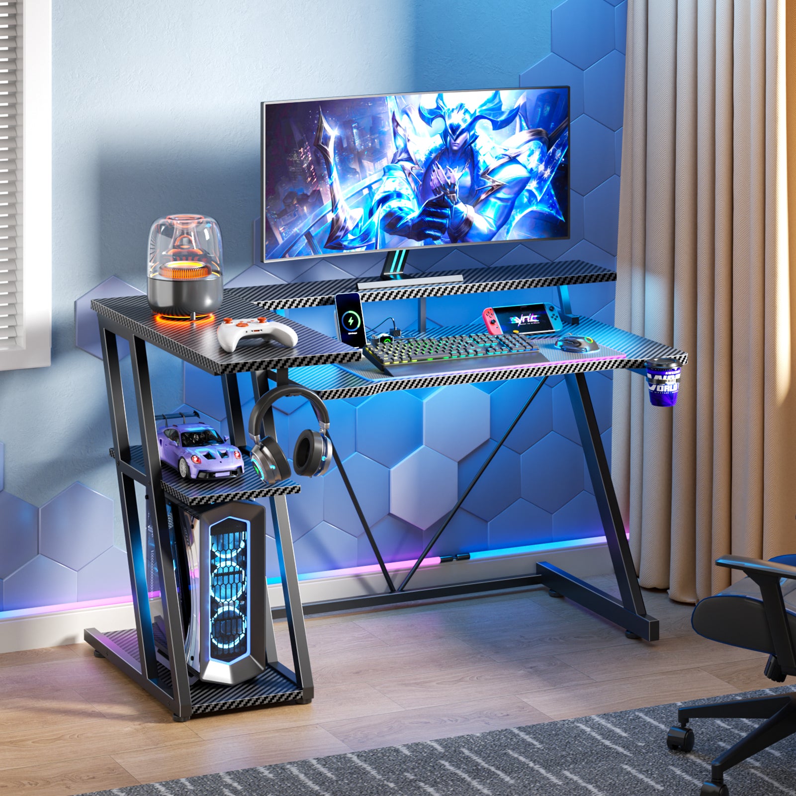 40 inch Black Gaming Desk with LED Lights Power Outlet Small Space L Shaped Computer Table with Monitor Stand 3 Tier Storage Shelves Carbon Fiber Gamer
