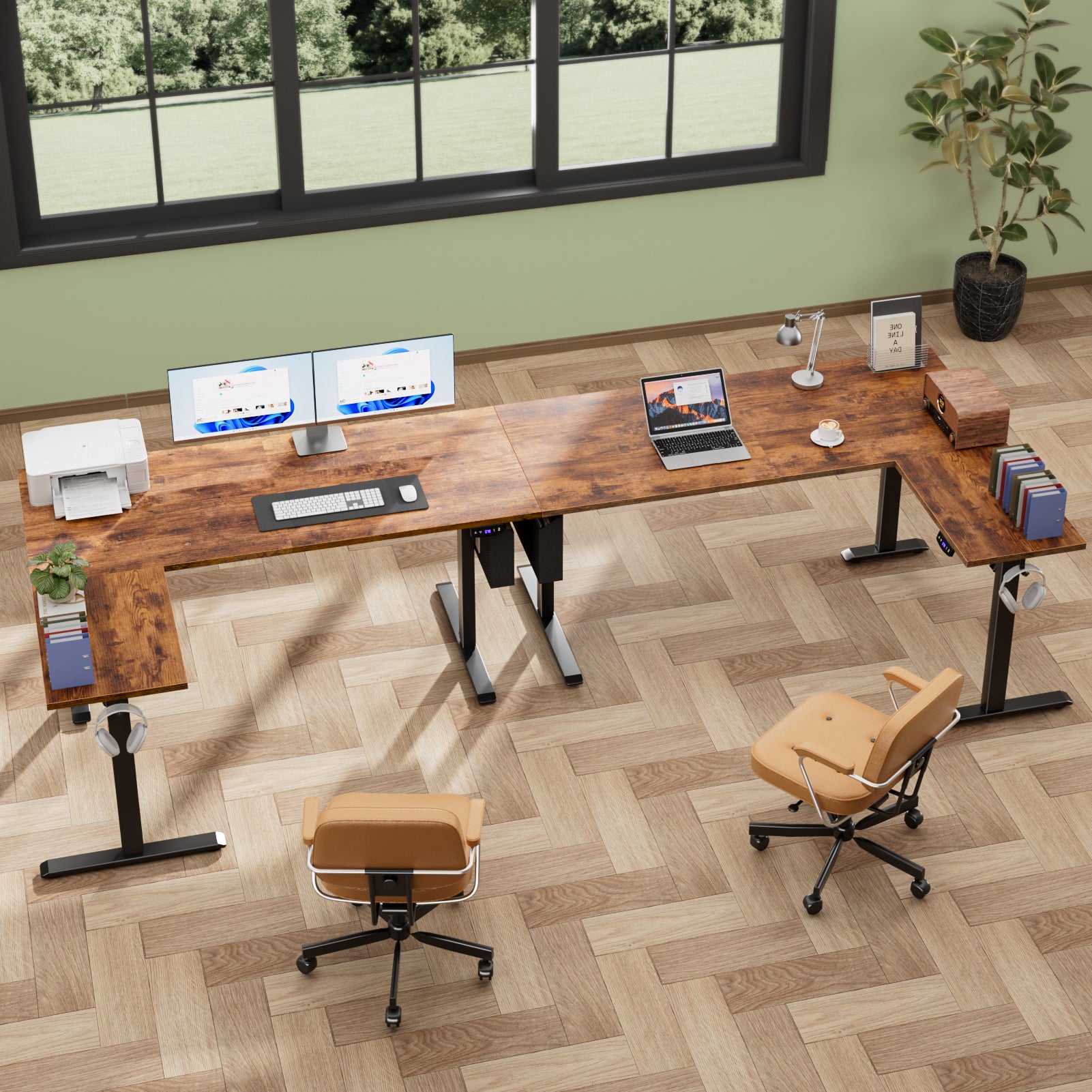 L Shaped Electric Standing Desk 63 Inch Height Adjustable Sit Stand Corner Computer Table Reversible Memory Presets Ergonomic Home Office Desk Brown