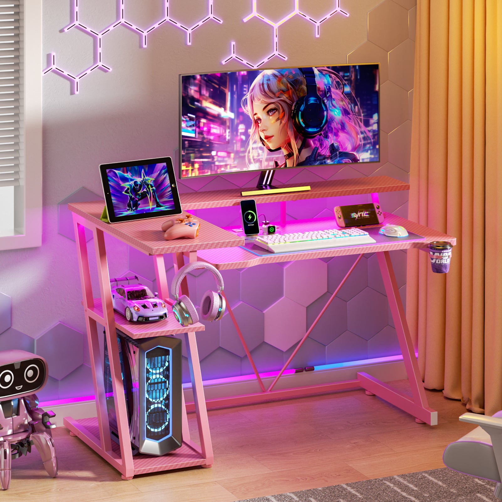 40 inch L Shaped Gaming Desk for Small Space Pink Computer Table with Monitor Stand and 3 Tier Storage Shelves Carbon Fiber