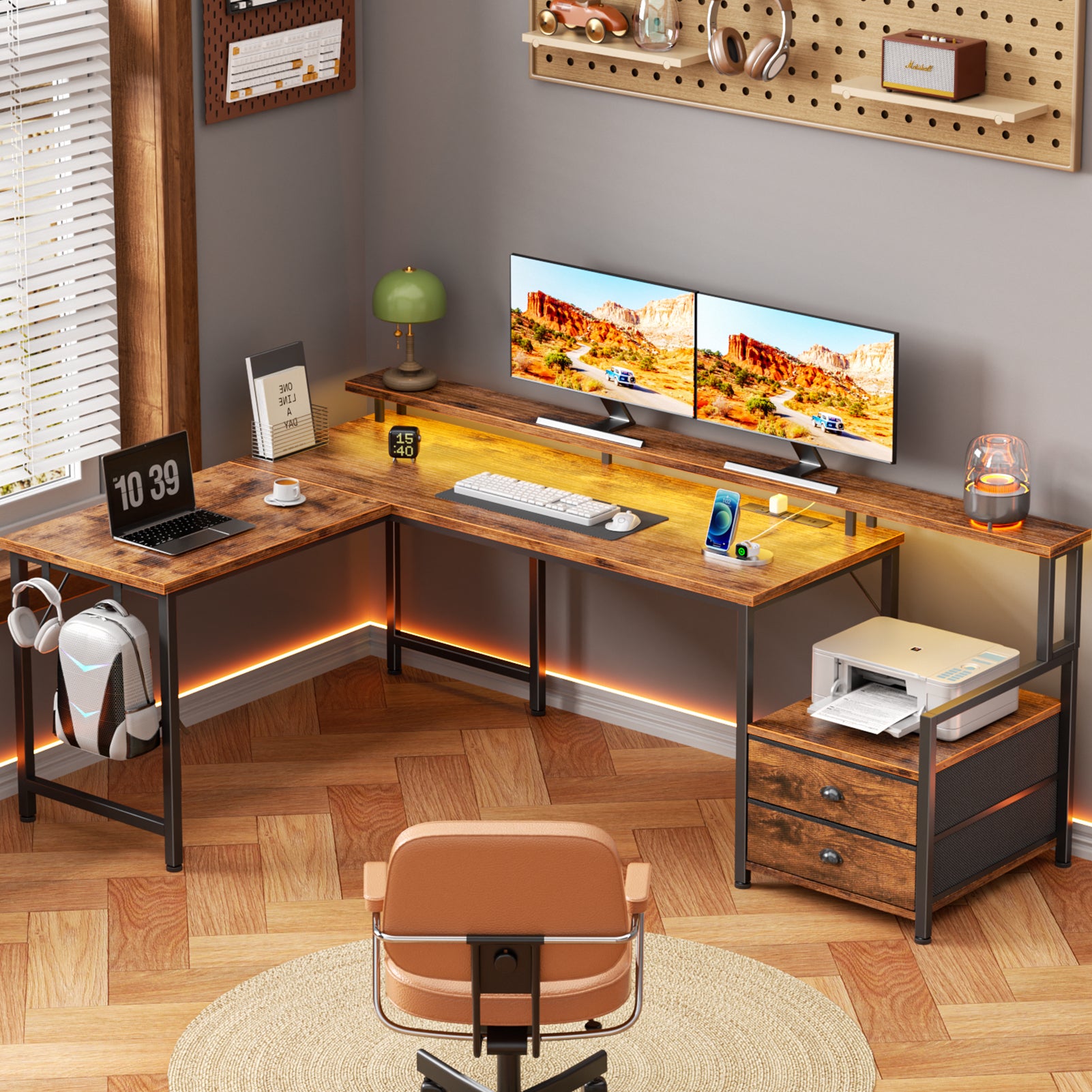 Qwatto 66 Inch Brown L Shaped Computer Desk with Charging Station Reversible Gaming Desk LED Lights 2 Drawers Monitor Stand Storage Home Office