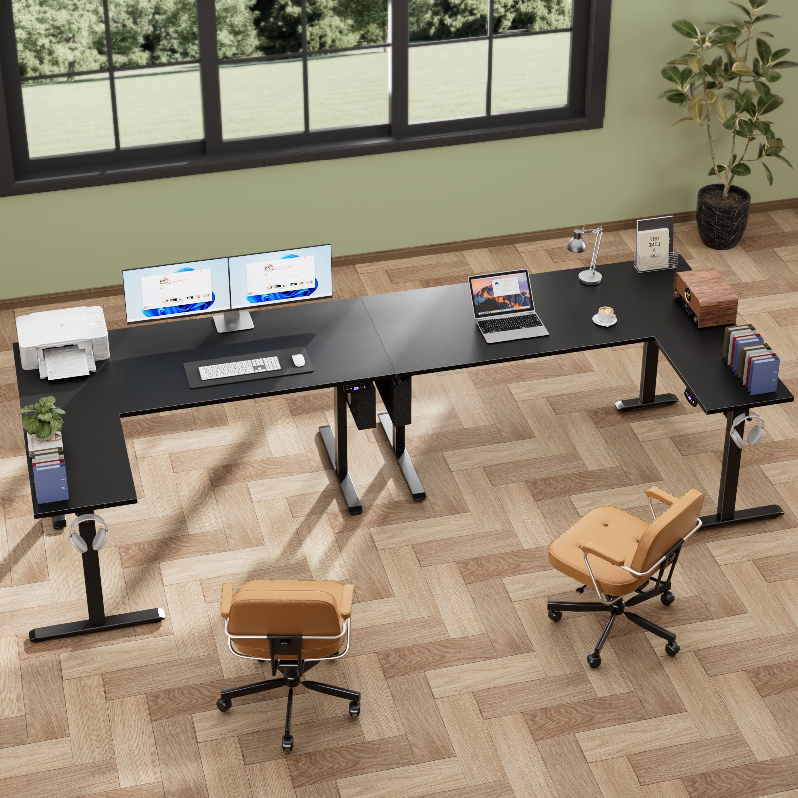 63 Inch L Shaped Electric Standing Desk Sit to Stand Reversible Corner Desk Adjustable Height Computer Table Memory Presets Home Office Gaming Black