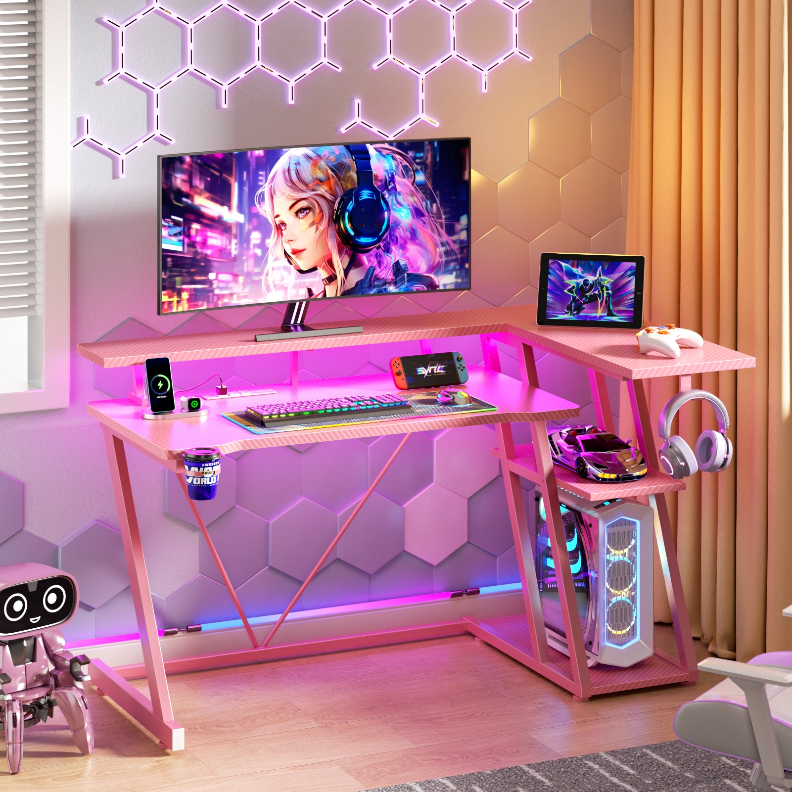47 inch L Shaped Corner Gaming Desk with LED Lights and Power Outlet Pink Computer Table with Monitor Stand 3 Tier Storage Shelves Modern Gamer Desk