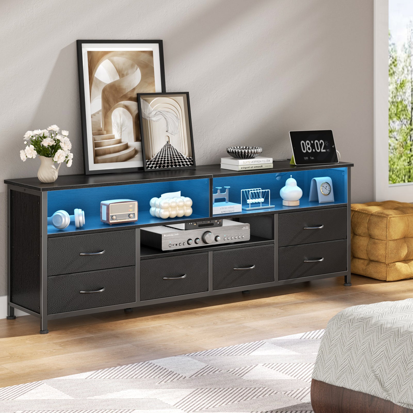 Qwatto 63 Inch Black TV Stand Dresser with Charging Station LED Lights 6 Drawers Entertainment Center for TVs up to 70 Inch Media Console Living Room