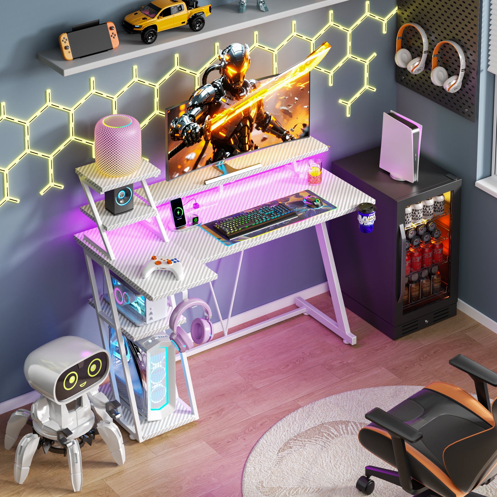 39 inch White Gaming Desk Small L Shaped Computer Table with Monitor Stand Storage Shelves Modern Gamer Corner Desk Office Carbon Fiber Sturdy Study