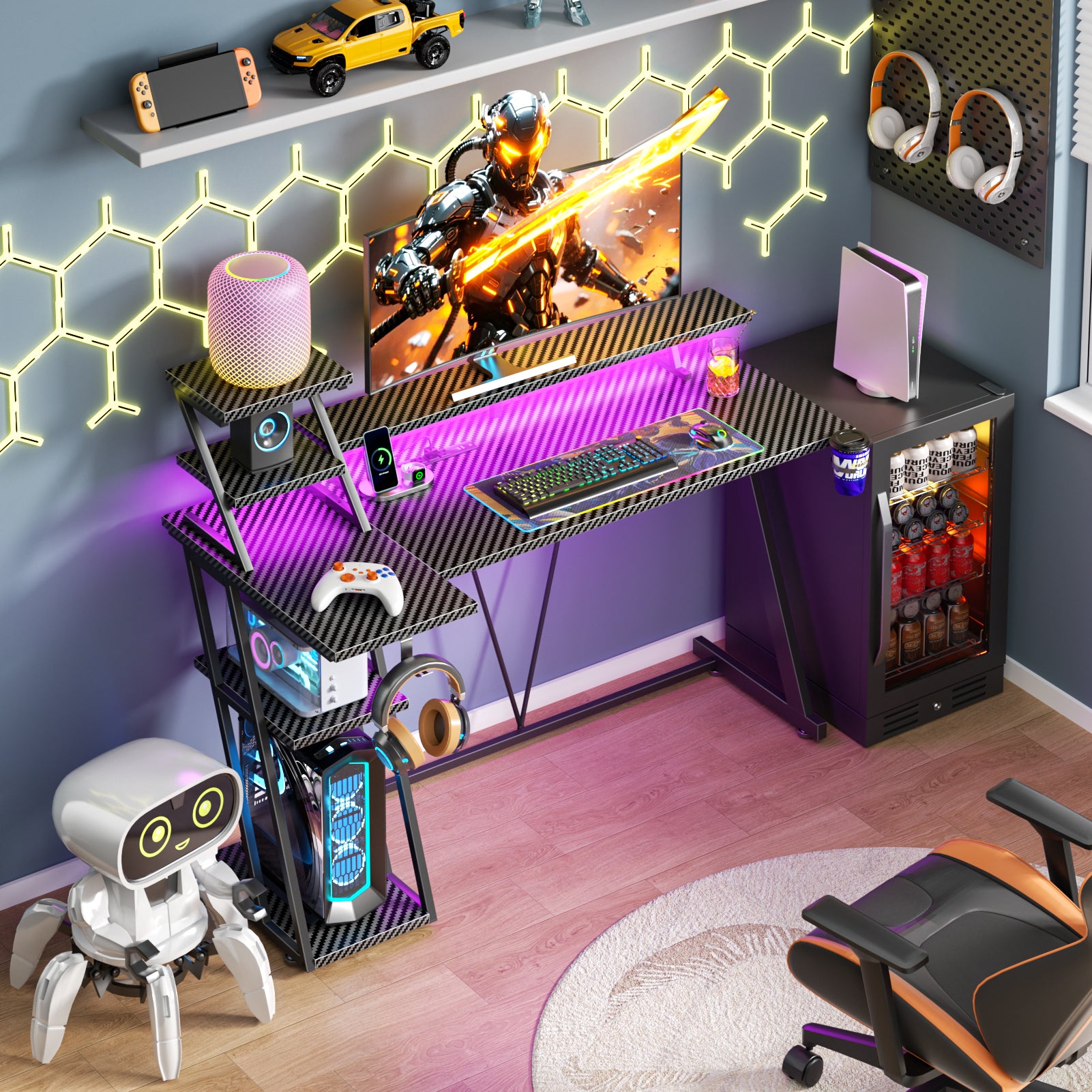 47 inch L Shaped Gaming Desk with LED Lights and Power Outlet Black Small Spaces Corner Computer Table with Monitor Stand Storage Shelves Gamer Desk