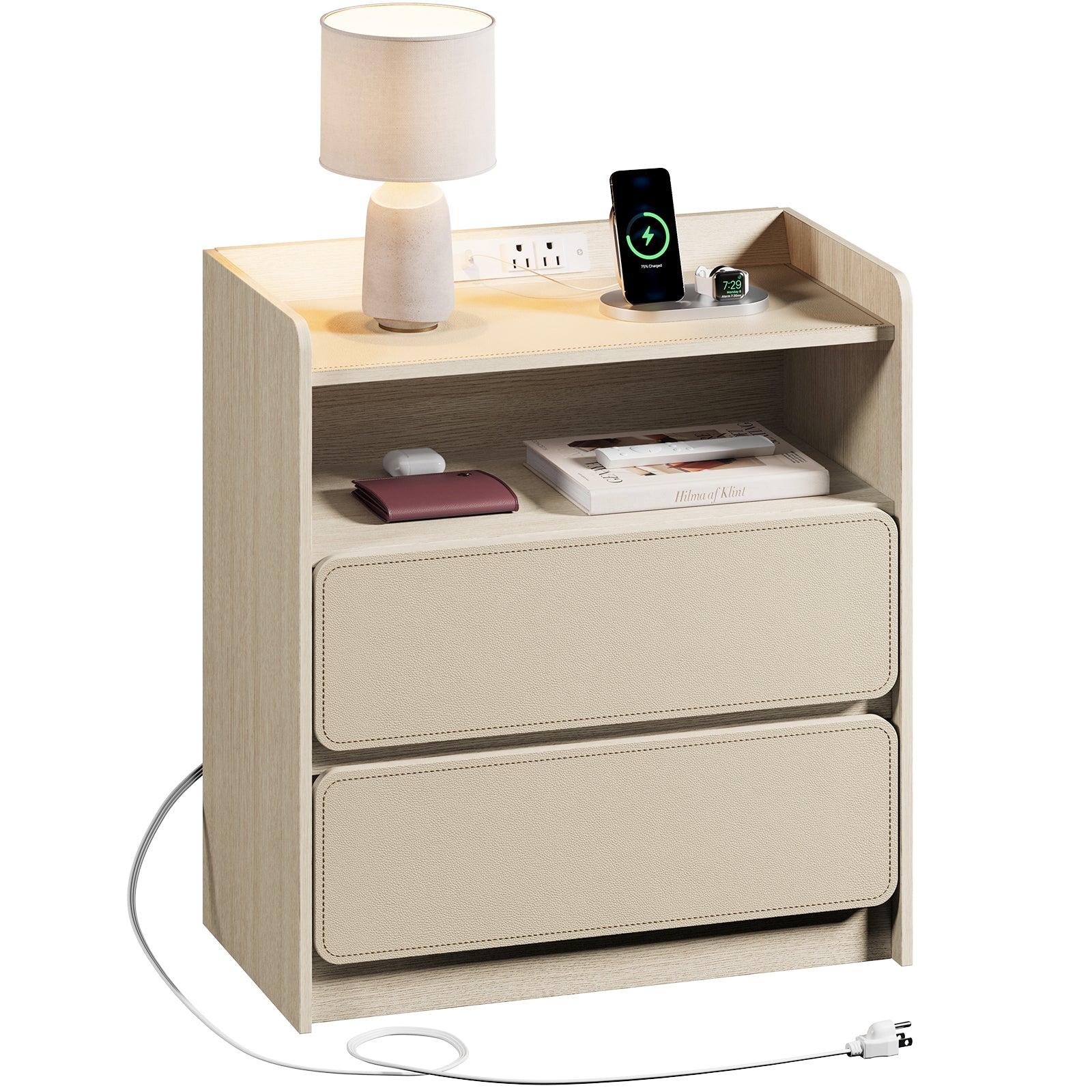 Qwatto Nightstand with Charging Station 2 Drawer Saddle Leather Bedside Table Modern Wood Side End Table Storage Cabinet Bedroom Furniture Beechwood