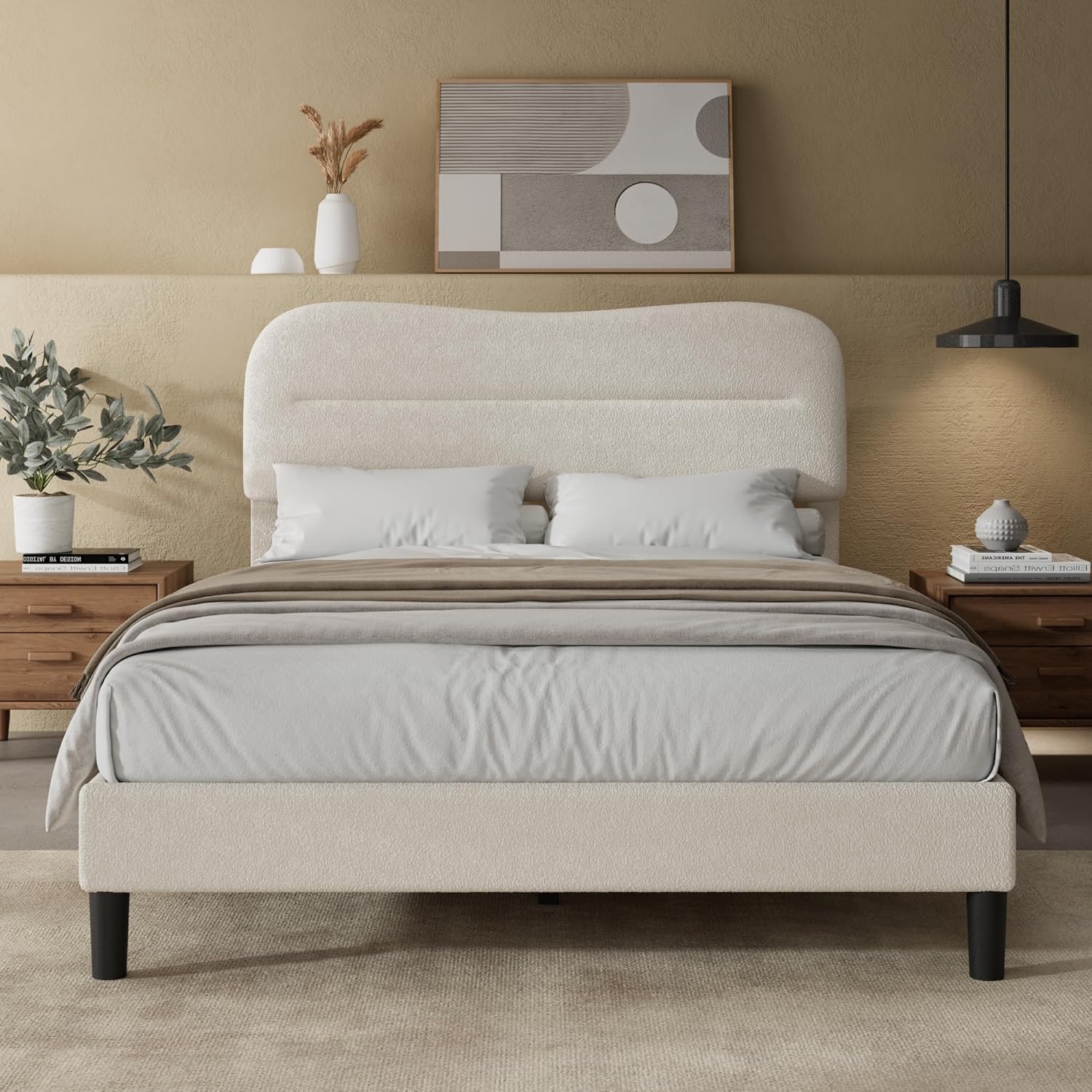 Full Size Bed Frame with Headboard Teddy Soft Boucle Fabric Bed Frame Full Soft Cloud Marshmallow Shape Upholstered Headboard No Box Spring Needed
