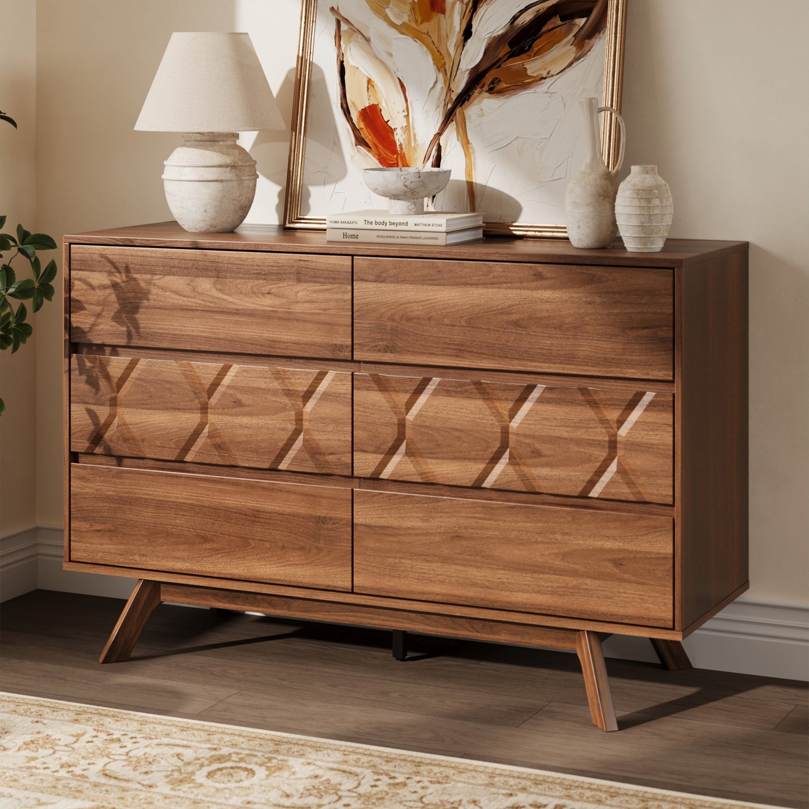 Qwatto 6 Drawer Dresser Mid Century Modern Wood Chest of Drawers Geometric Relief Storage Organizer for Bedroom Entryway Cherry Finish Anti-Tipping