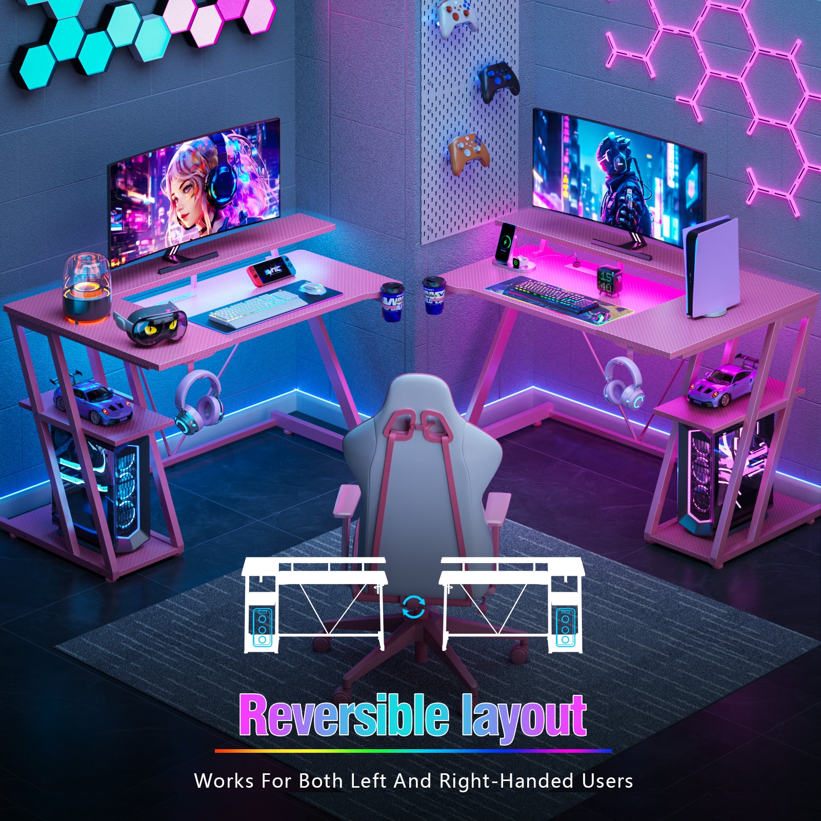 40 inch L Shaped Gaming Desk LED Lights Power Outlet Corner Computer Table with Monitor Stand 3 Tiers Storage Shelves Carbon Fiber Gamer Desk Pink