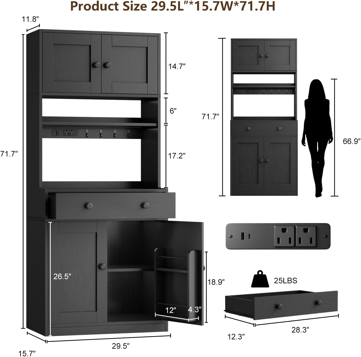 71 Inch Black Kitchen Pantry Storage Cabinet Farmhouse Freestanding Microwave Stand with Hutch Doors and Drawers for Dining Room and Coffee Bar Uses