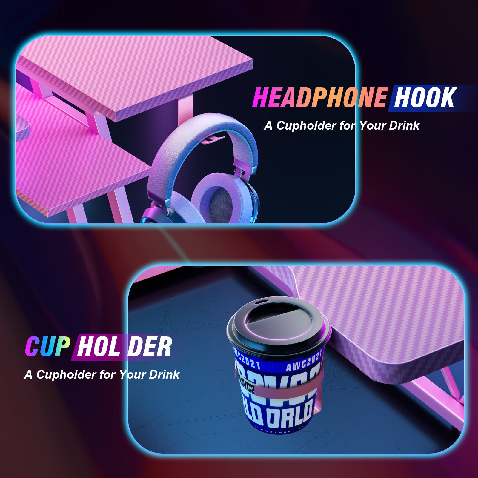 40 inch L Shaped Gaming Desk LED Lights Power Outlet Corner Computer Table with Monitor Stand 3 Tiers Storage Shelves Carbon Fiber Gamer Desk Pink