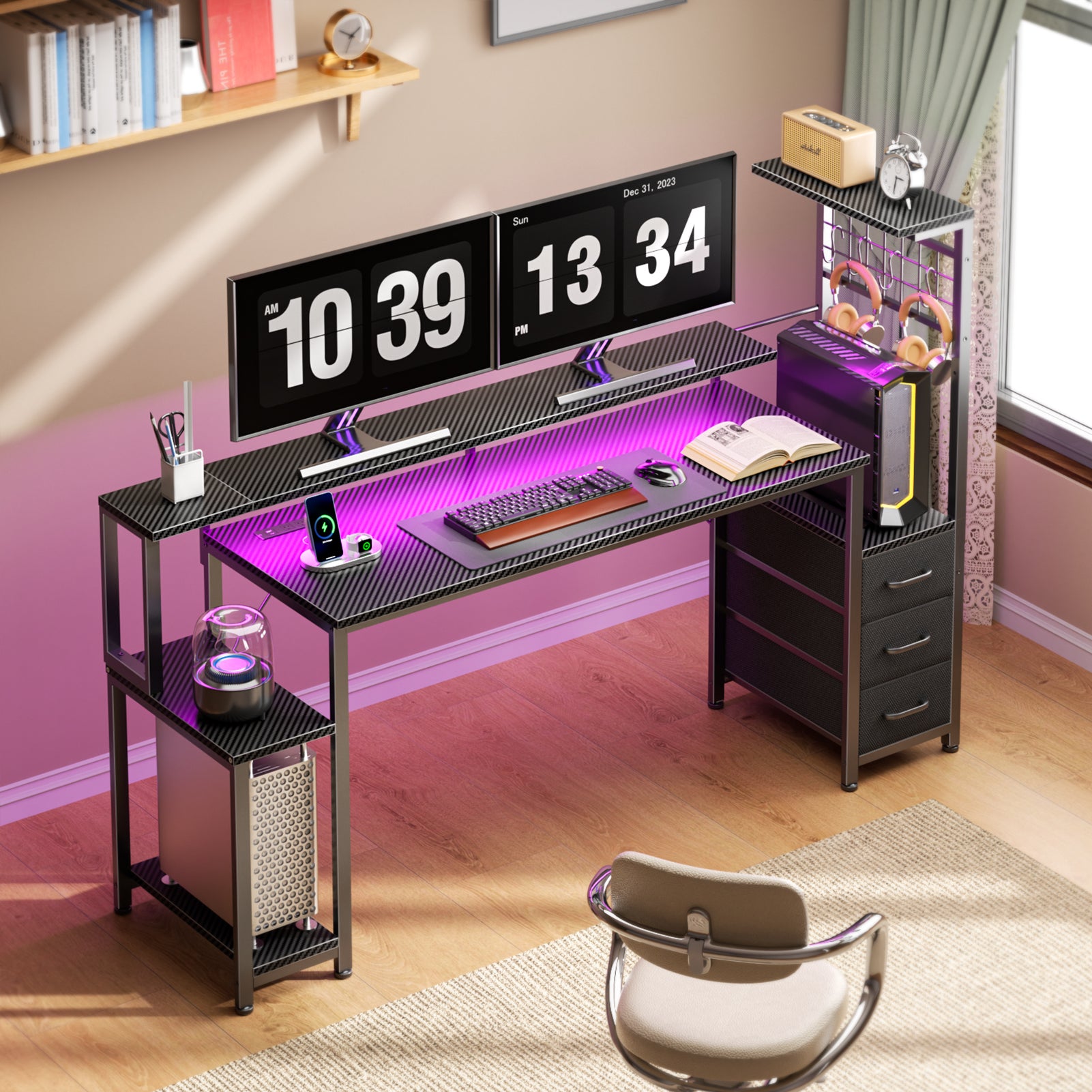 63 Inch Gaming Computer Desk Workstation with Fabric Storage Drawers Monitor Stand and Reversible Setup for Home Office Bedroom Classic Black Finish