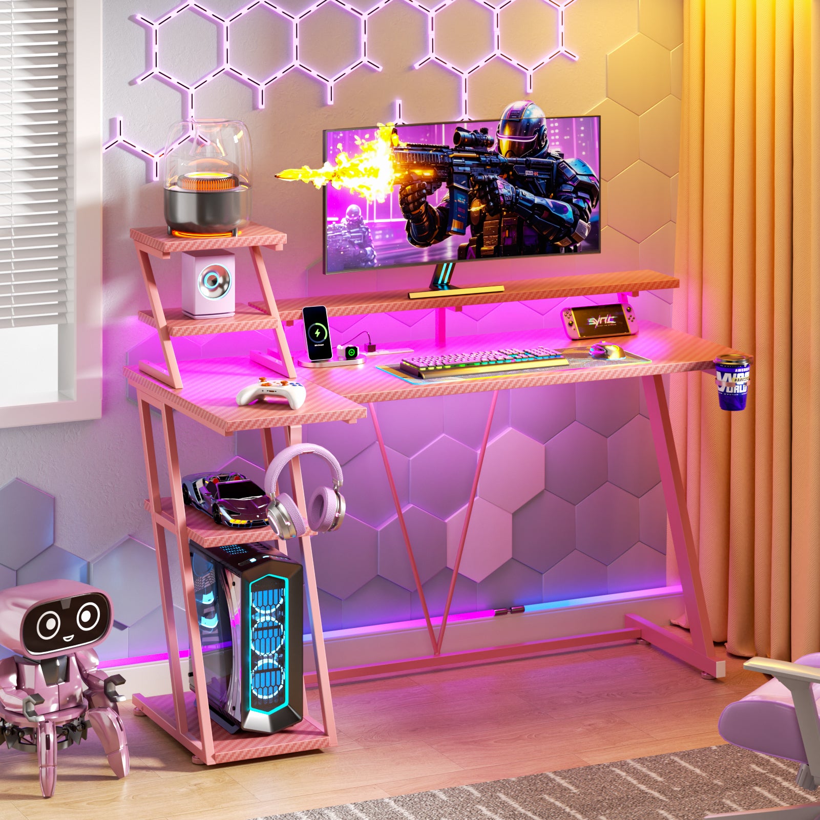 47 inch L Shaped Gaming Desk Pink Small Spaces Corner Computer Table with Monitor Stand Storage Shelves Gamer Desk Carbon Fiber Sturdy PC Room Desk