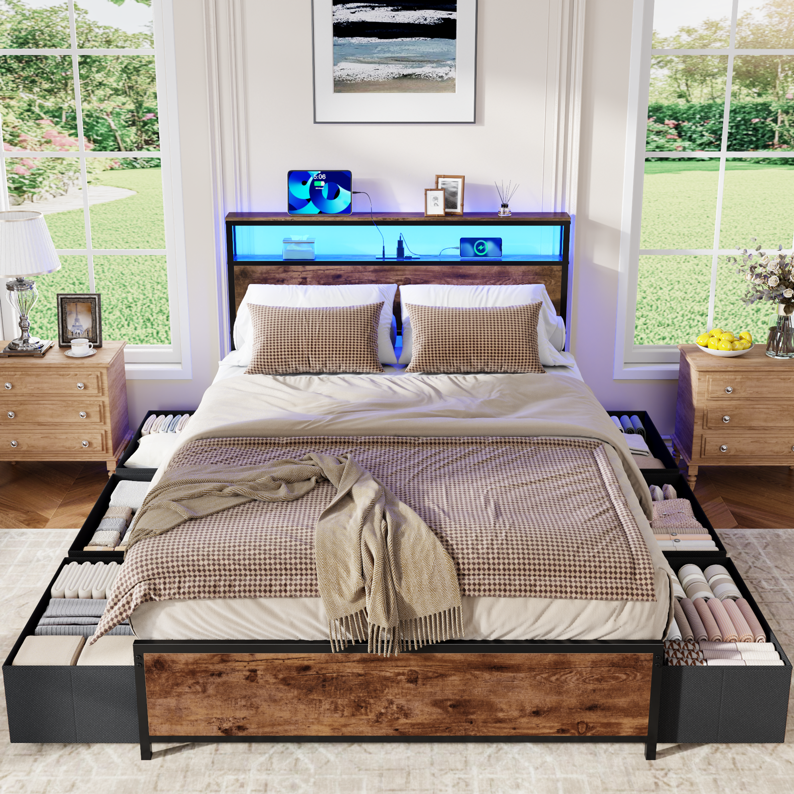 Industrial Full Size Bed Frame 6 Storage Drawers LED Lights Charging Station 2 Tier Shelf Headboard Heavy Duty Metal No Box Spring Needed
