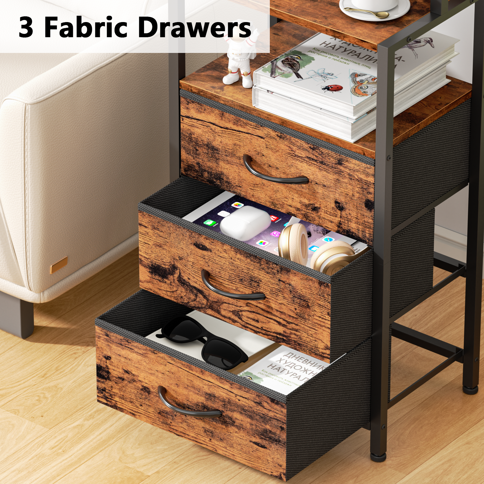 Tall Brown Nightstand 4 Tier Storage Shelves 3 PU Fabric Drawers Modern Bedside Table Narrow Accent Side End Table Organizer for Bedroom Living Room