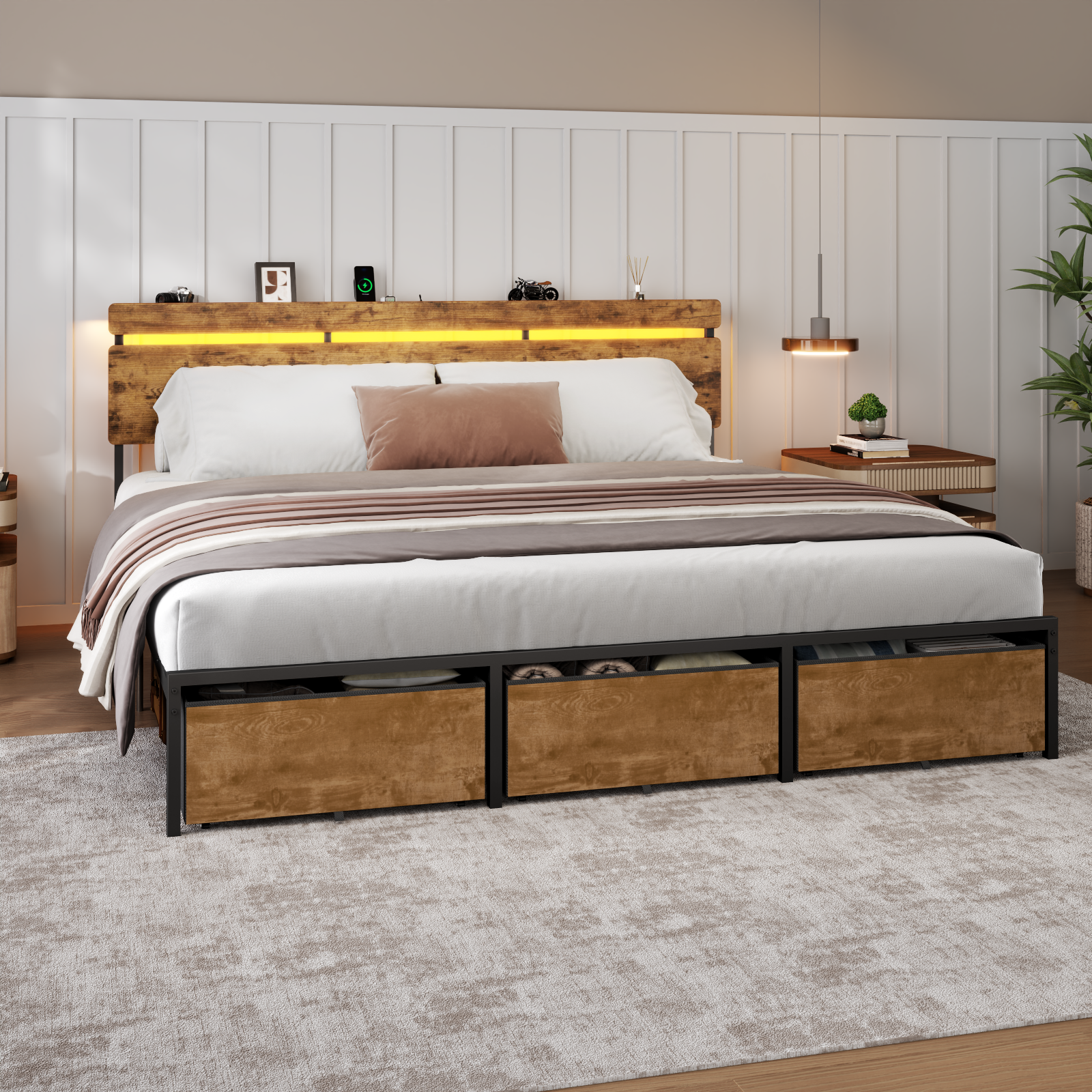 King Size Bed Frame with Wood Headboard, Metal Platform Bed with 3 Storage Drawers Shelf Built-in Charging Station LED Lights No Box Spring Needed